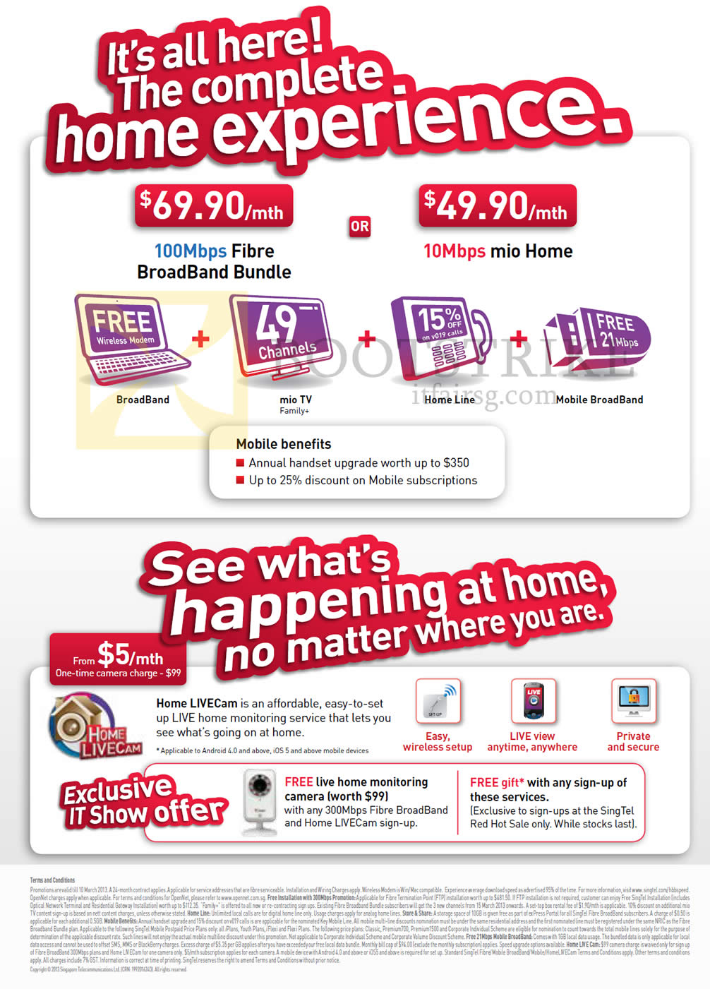 IT SHOW 2013 price list image brochure of Singtel Broadband Fibre 100Mbps, Mio Home, Mio TV, Fixed Line, Mobile Broadband, Home LIVECam