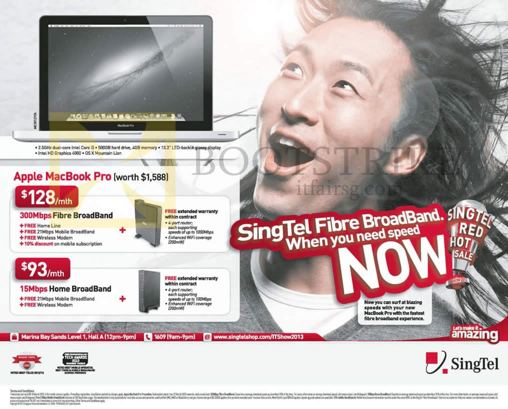 IT SHOW 2013 price list image brochure of Singtel Broadband Fibre 300Mbps, ADSL 15Mbps Free Apple Macbook Pro Notebook