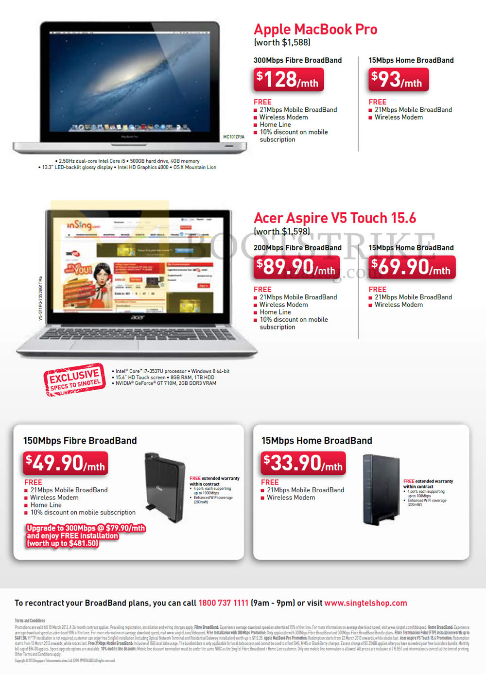 IT SHOW 2013 price list image brochure of Singtel Broadband Free Apple Macbook Pro, Acer Aspire V5 Touch 15.6, 150Mbps Fibre, 300Mbps, 15Mbps ADSL