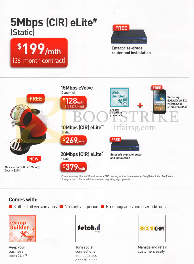 IT SHOW 2013 price list image brochure of Singtel Business Broadband 5Mbps CIR ELite Static, 15Mbps Dynamic, Static 10Mbps 20mbps Free Nescafe Dolce Gusto Melody, Samsung Galaxy Ace 2