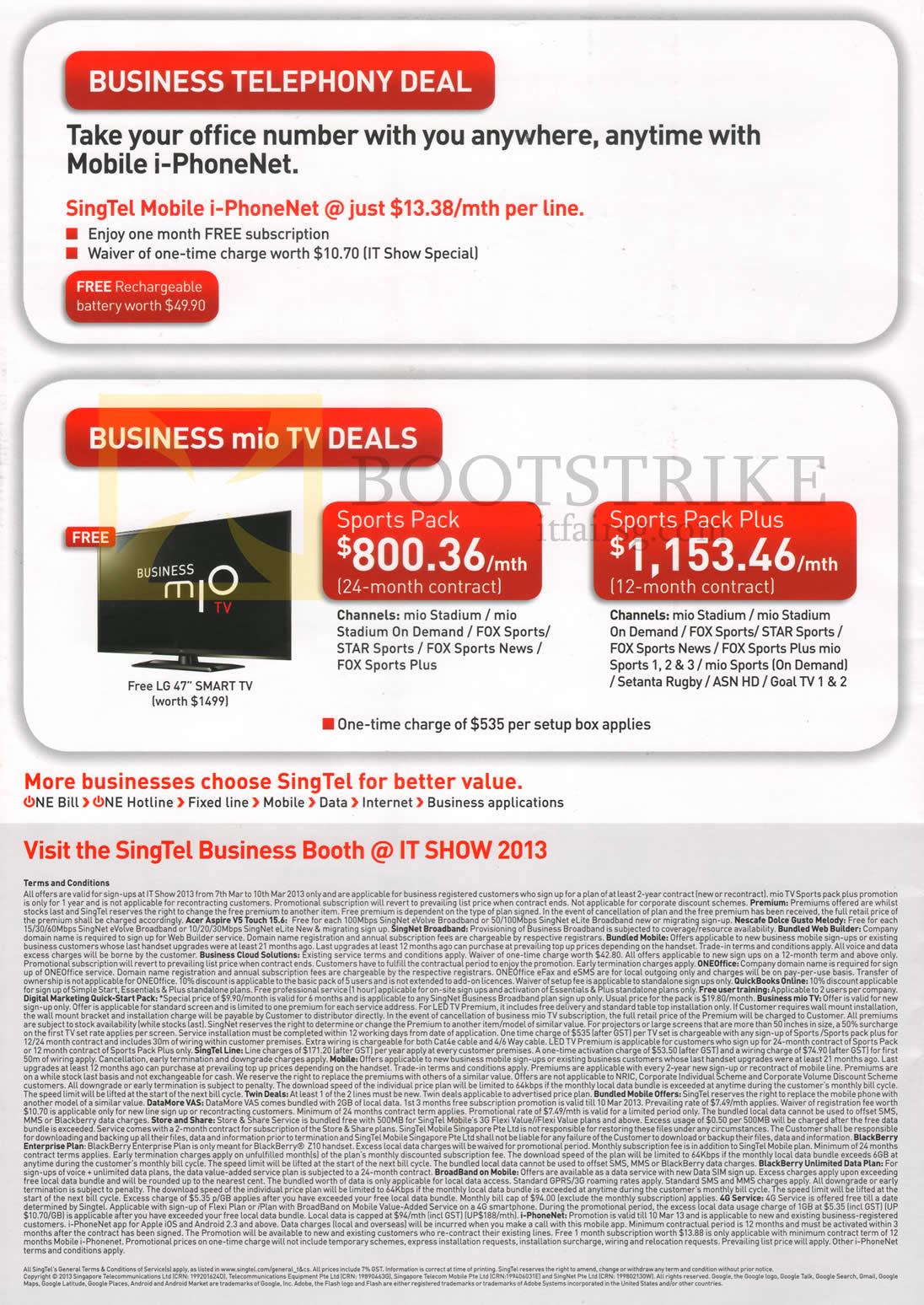 IT SHOW 2013 price list image brochure of Singtel Business Telephony Mobile I-PhoneNet, Mio TV Sports Pack, Sports Pack Plus