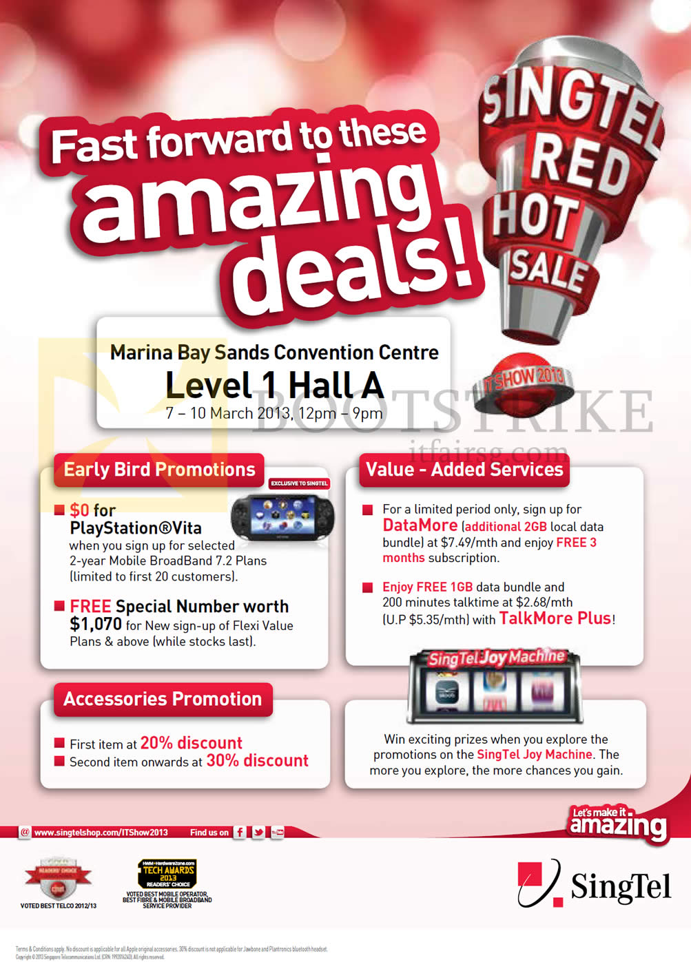 IT SHOW 2013 price list image brochure of Singtel Early Bird Promotions, Free Playstation Vita, Free Special Number, Accessories Discount, Joy Machine