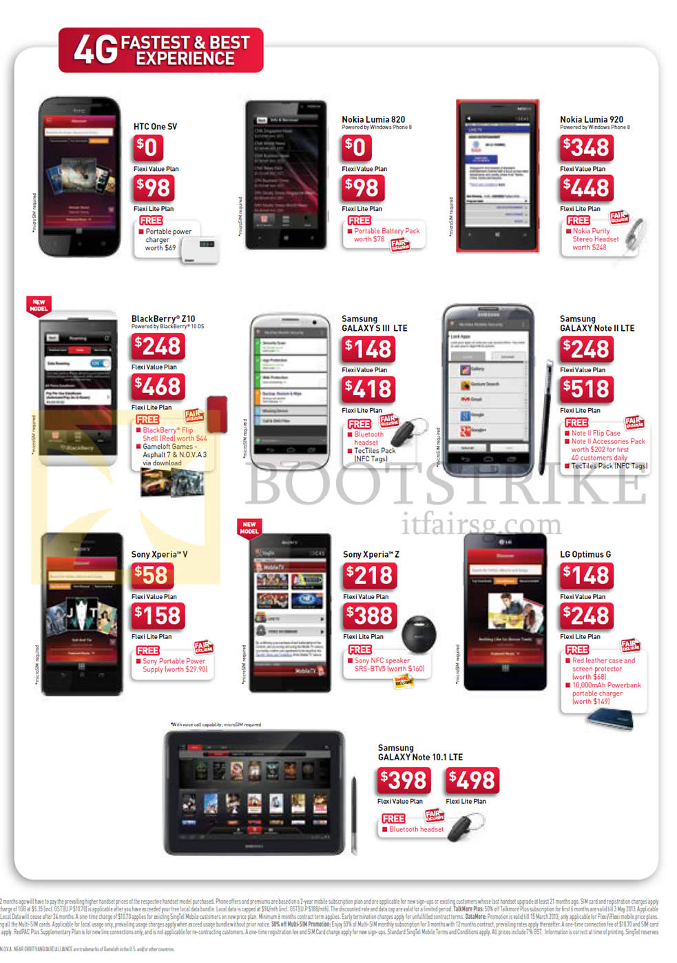 IT SHOW 2013 price list image brochure of Singtel Mobile Phones HTC One SV, Nokia Lumia 820, 920, Blackberry Z10, Samsung Galaxy S III LTE, Note 10.1 LTE, Note II LTE, Sony Xperia V, Xperia Z, LG Optimus G