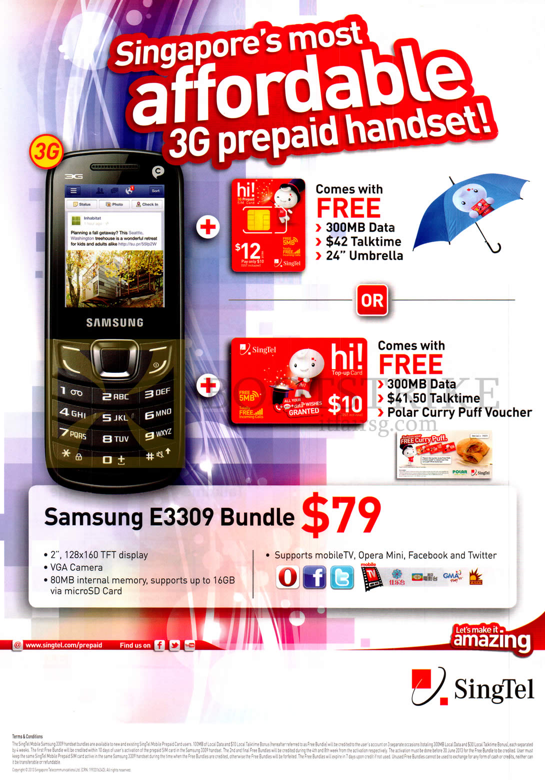 IT SHOW 2013 price list image brochure of Singtel Mobile Prepaid Hi Card Samsung E3309 Bundle