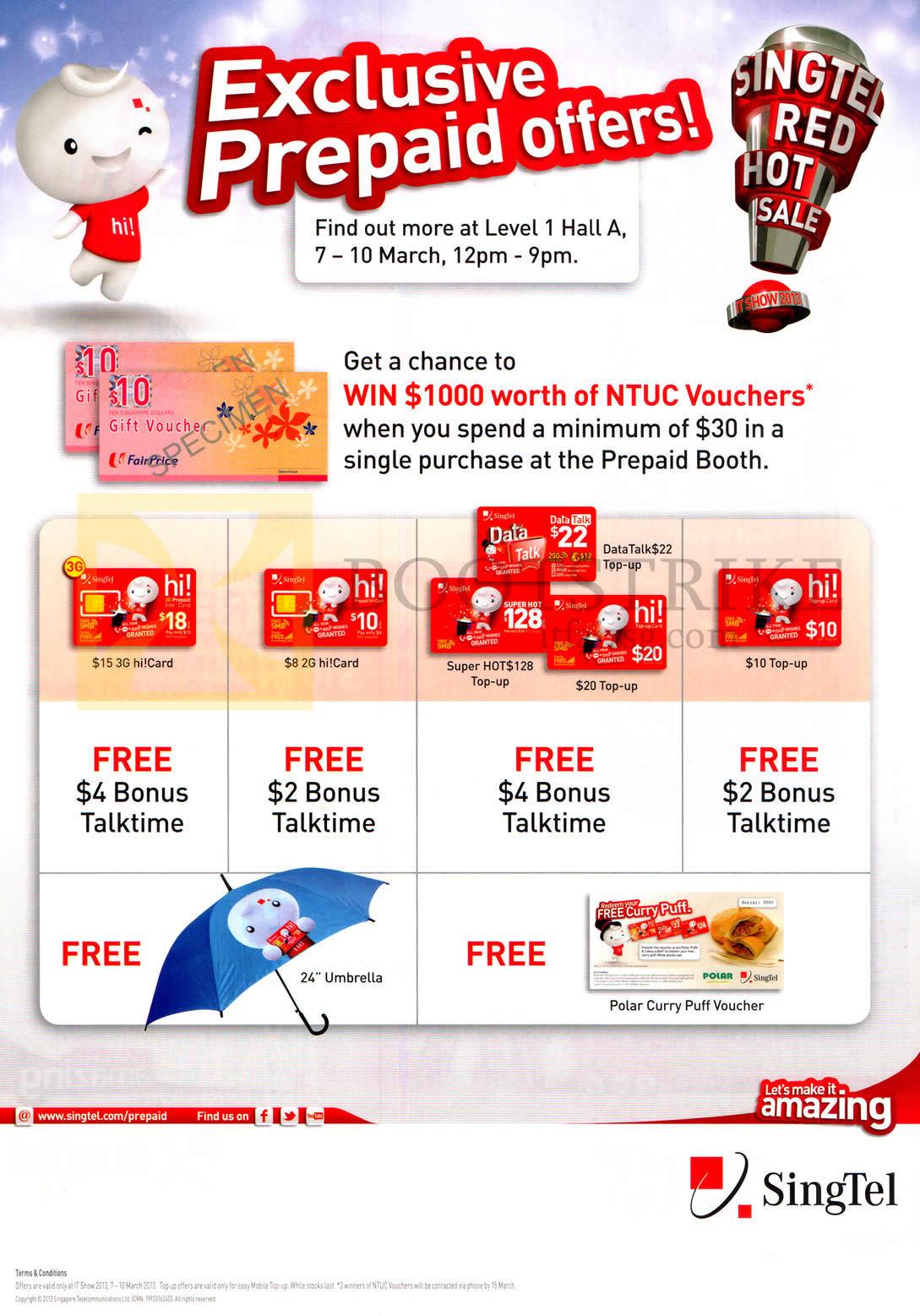 IT SHOW 2013 price list image brochure of Singtel Mobile Prepaid Hi Card, Top Up Cards Free Bonus Talktime, Free Vouchers