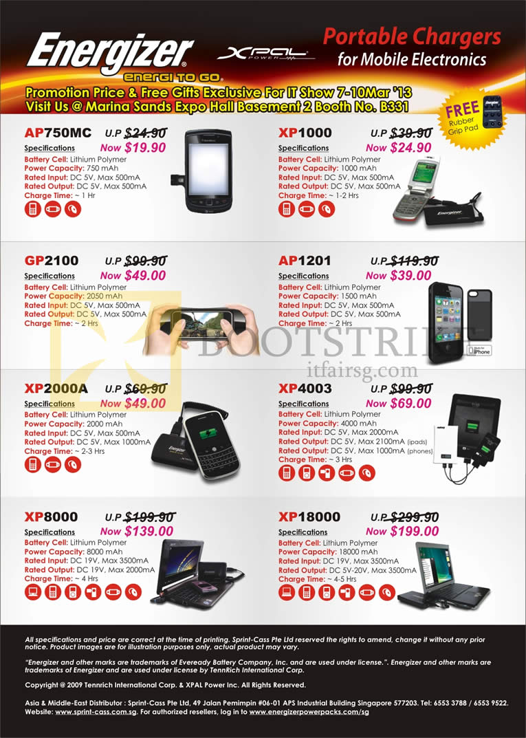 IT SHOW 2013 price list image brochure of Sprint-Cass Energizer Portable Charger AP750MC, XP1000, GP2100, AP1201, XP2000A, XP4003, XP8000, XP18000