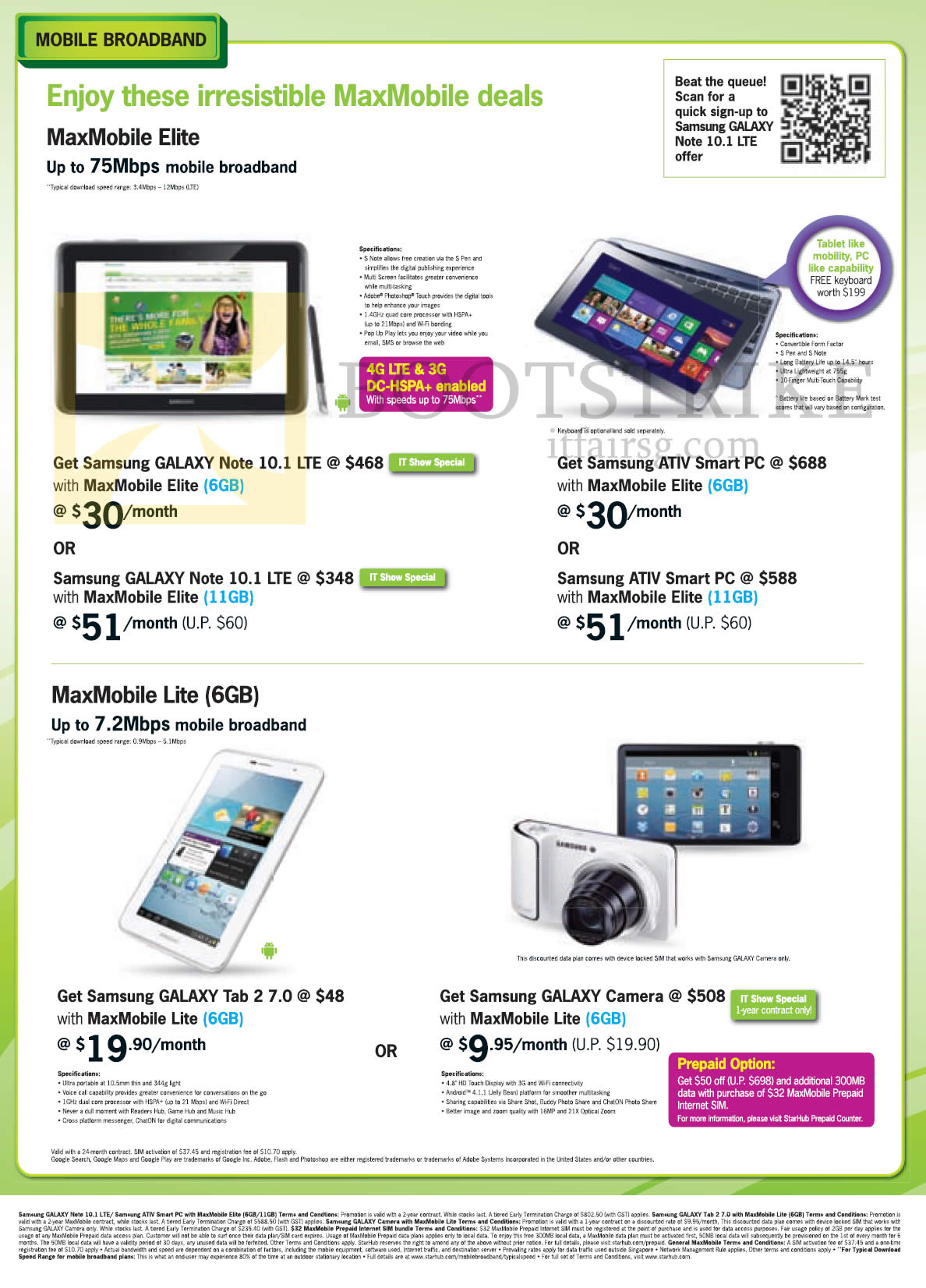 IT SHOW 2013 price list image brochure of Starhub Broadband Mobile MaxMobile Elite Samsung Galaxy Note 10.1, Galaxy Tab 2 7.0, Galaxy Camera, ATIV Smart PC
