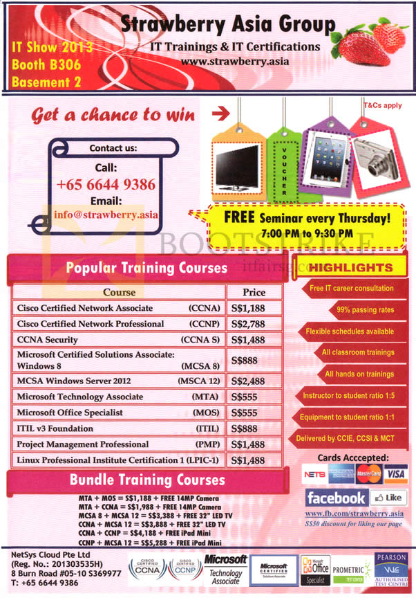 IT SHOW 2013 price list image brochure of Strawberry Asia Training Courses Certifications Cisco CCNA CCNP, Microsoft MCSA MTA MOS, ITIL V3, PMP, LPIC