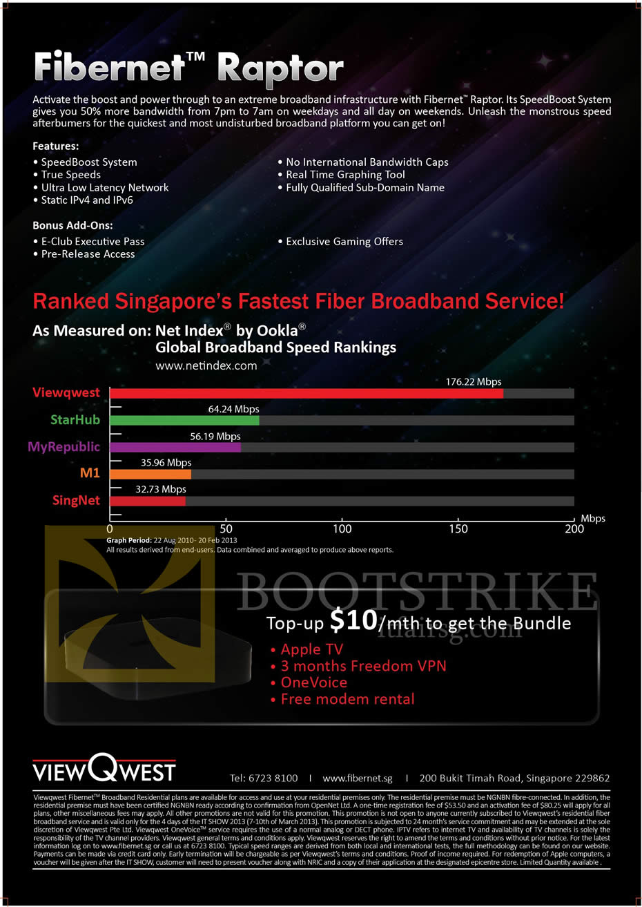 IT SHOW 2013 price list image brochure of Viewqwest Fibre Broadband Fibernet Raptor Apple TV, Freedom VPN, OneVoice, Features, Rankings, Net Index By Ookla
