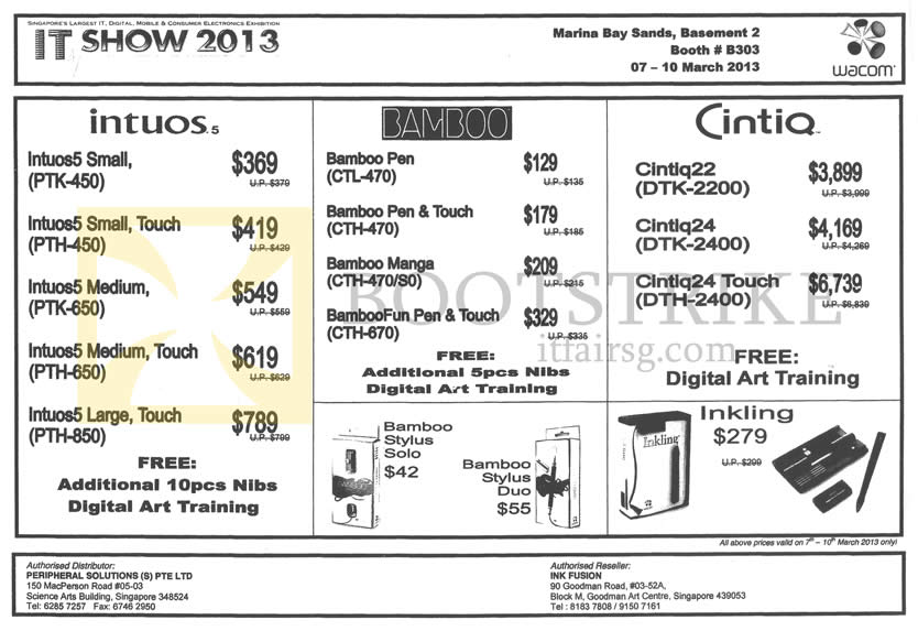 IT SHOW 2013 price list image brochure of Wacom Tablets Intuos5 PTK-450 PTH-450 PTK-650 PTH-650 PTH-850, Bamboo Pen CTL-470 Touch CTH-470 S0, CTH-670, Cintiq22 DRTK-2200 Cintiq24 DTK-2400, Cintiq24 Touch DTH-2400, Inkling