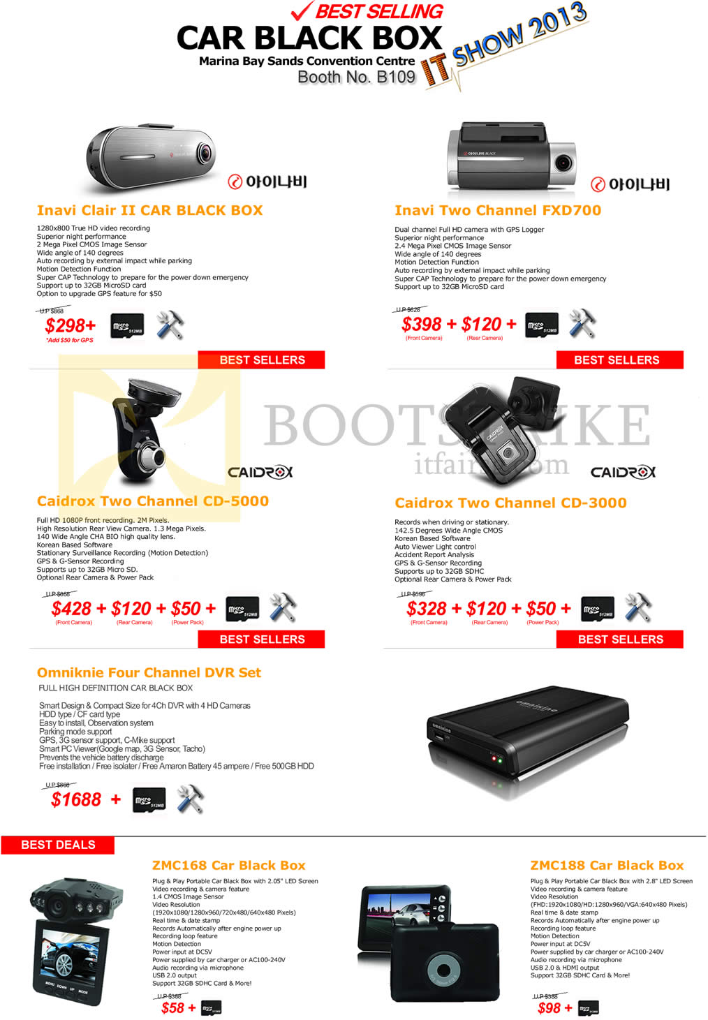IT SHOW 2013 price list image brochure of ZMC Automotive Inavi Clair II Car Black Box, Two Channel FXD700, Caidrox Two Channel CD-5000, CD-3000, Omniknie DVR, ZMC168, ZMC188