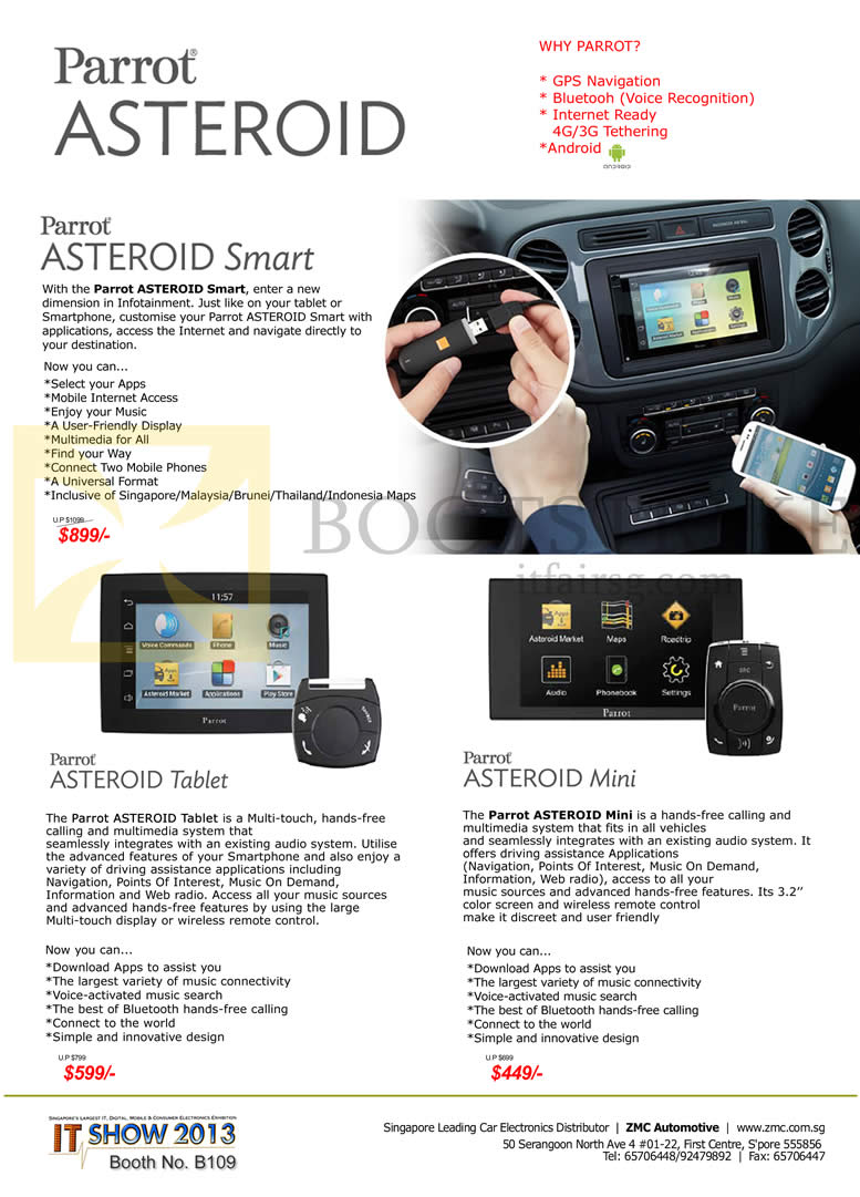 IT SHOW 2013 price list image brochure of ZMC Automotive Parrot Asteroid Smart, Asteroid Tablet, Asteroid Mini, GPS Navigator