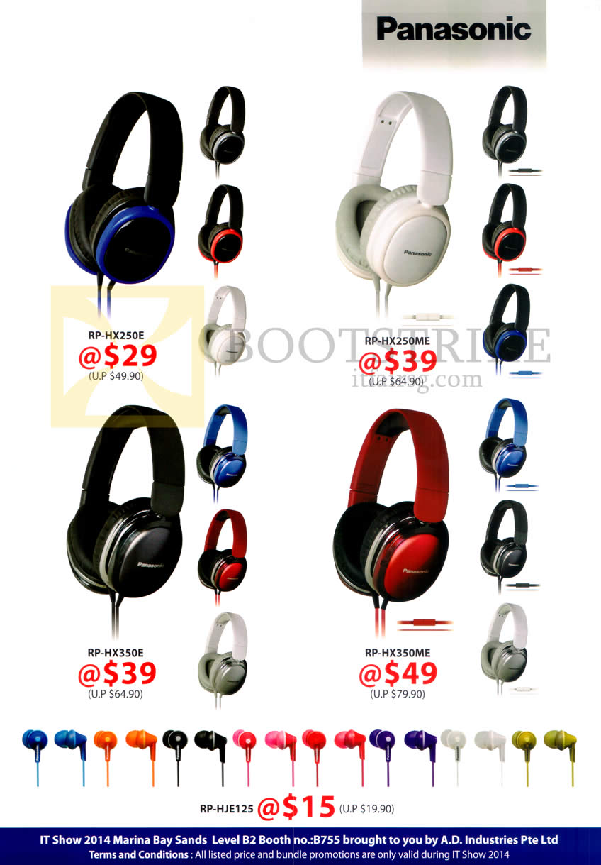 IT SHOW 2014 price list image brochure of A.D. Industries Panasonic Headphones RP-HX250E, RP-HX250ME, RP-HX350E, RP-HX350ME, RP-HJE125