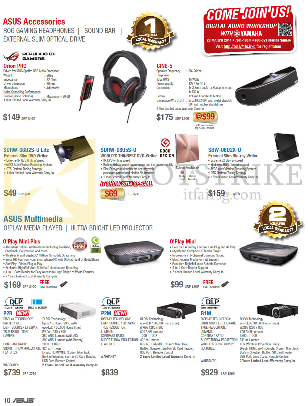 IT SHOW 2014 price list image brochure of ASUS Accessories, Media Player, Orion PRO, Cine-5, SDRW-08D2S-U Lite, 08U5S-U, 06D2X-U, O Play Mini, Projectors P2B, P2M, B1M, External Optical Drive
