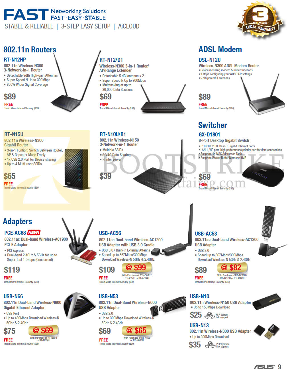 IT SHOW 2014 price list image brochure of ASUS Networking Wireless Routers, Adapters, Modem, RT-N12HP, Rt-N15U, RT-N12D1, RT-N10UB1, DSL-N12U, GX-D1801, PCE-AC68, USB-N66 AC56 N53 AC56 N10 N13