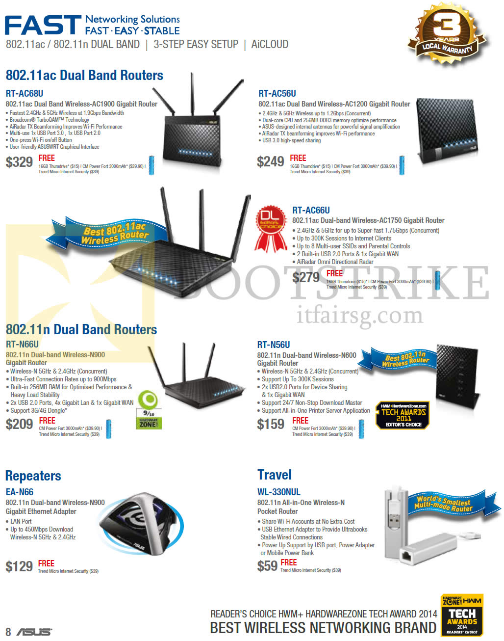 IT SHOW 2014 price list image brochure of ASUS Networking Wireless Routers, Repeaters, RT-AC68E, RT-AC56U, RT-AC66U, RT-N66U, RT-N56U, EA-N66, WL-330NUL