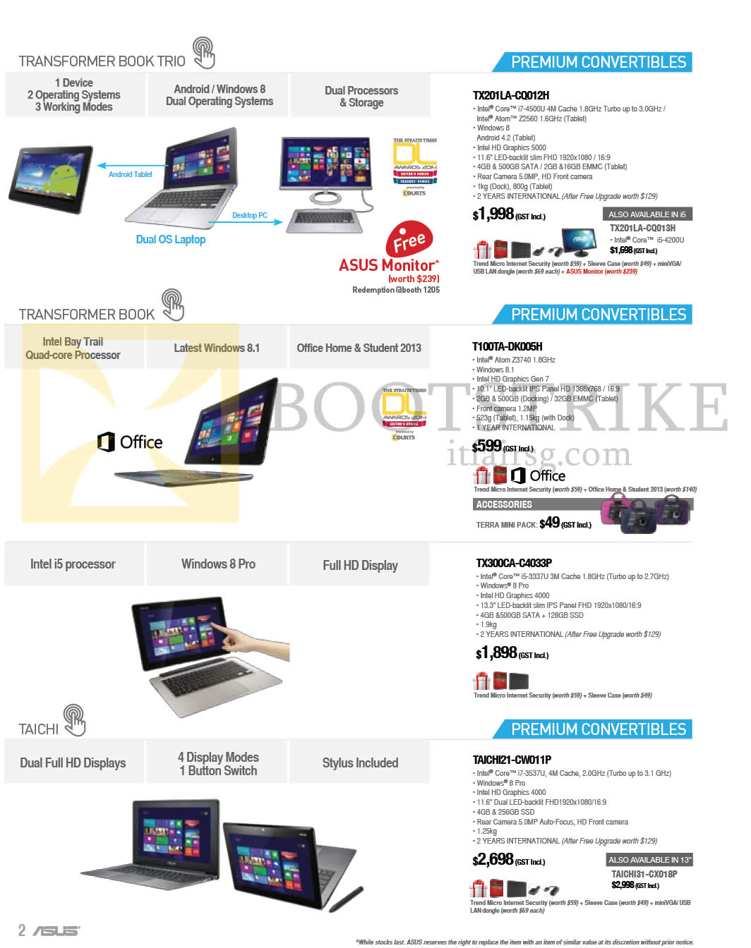 IT SHOW 2014 price list image brochure of ASUS Notebooks Transformer Book TX201LA-CQ012H, T100TA-DK005H, TX300CA-C4033P, TAICHI-CW011P