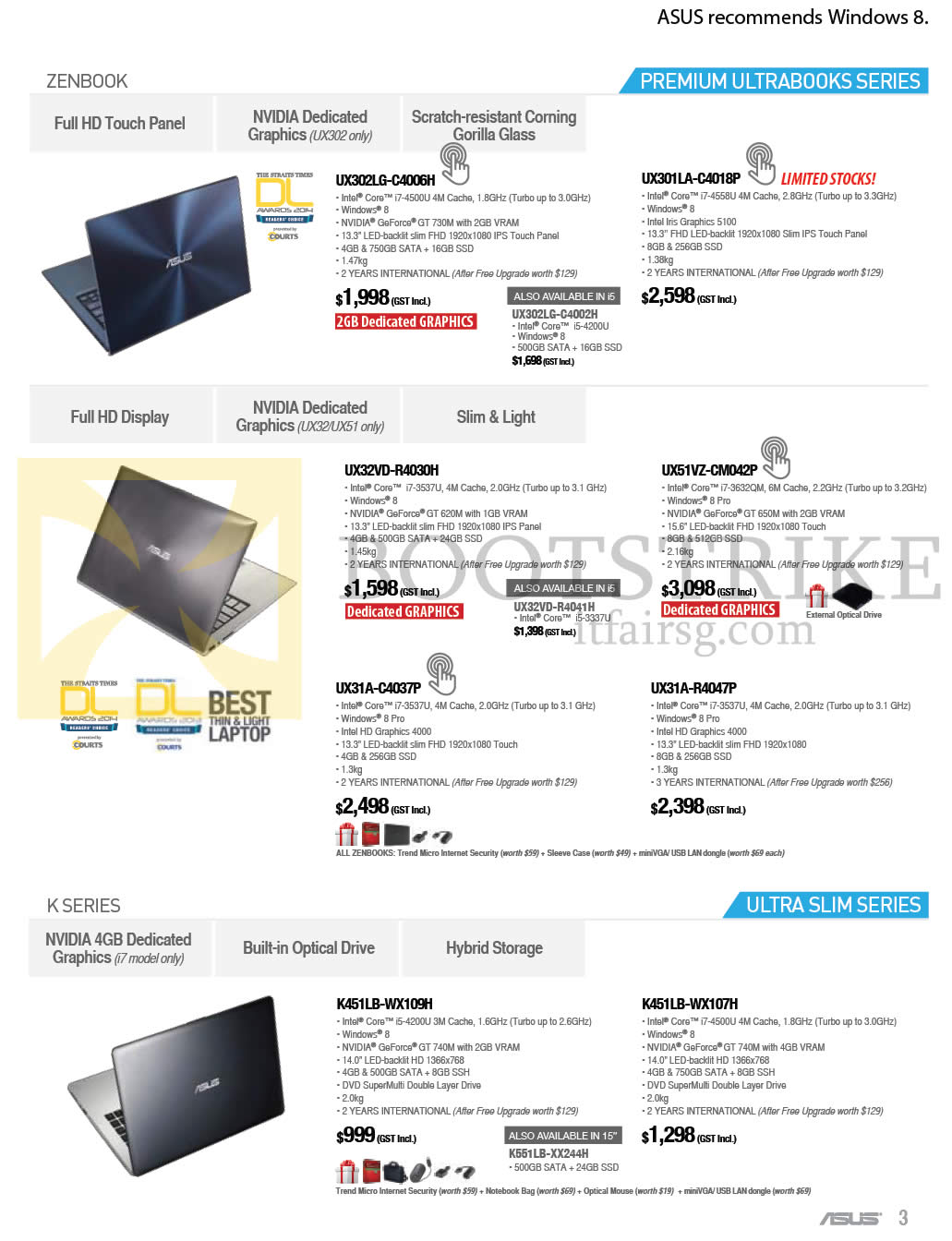IT SHOW 2014 price list image brochure of ASUS Notebooks Zenbook UX302LG-C4006H, UX301LA-C4018P, UX32VD-R4030H, UX51vZ-CM042P, UX31A-C4037P, UX31A-R4047P, K451LB-WX109H, K451LB-WX107H