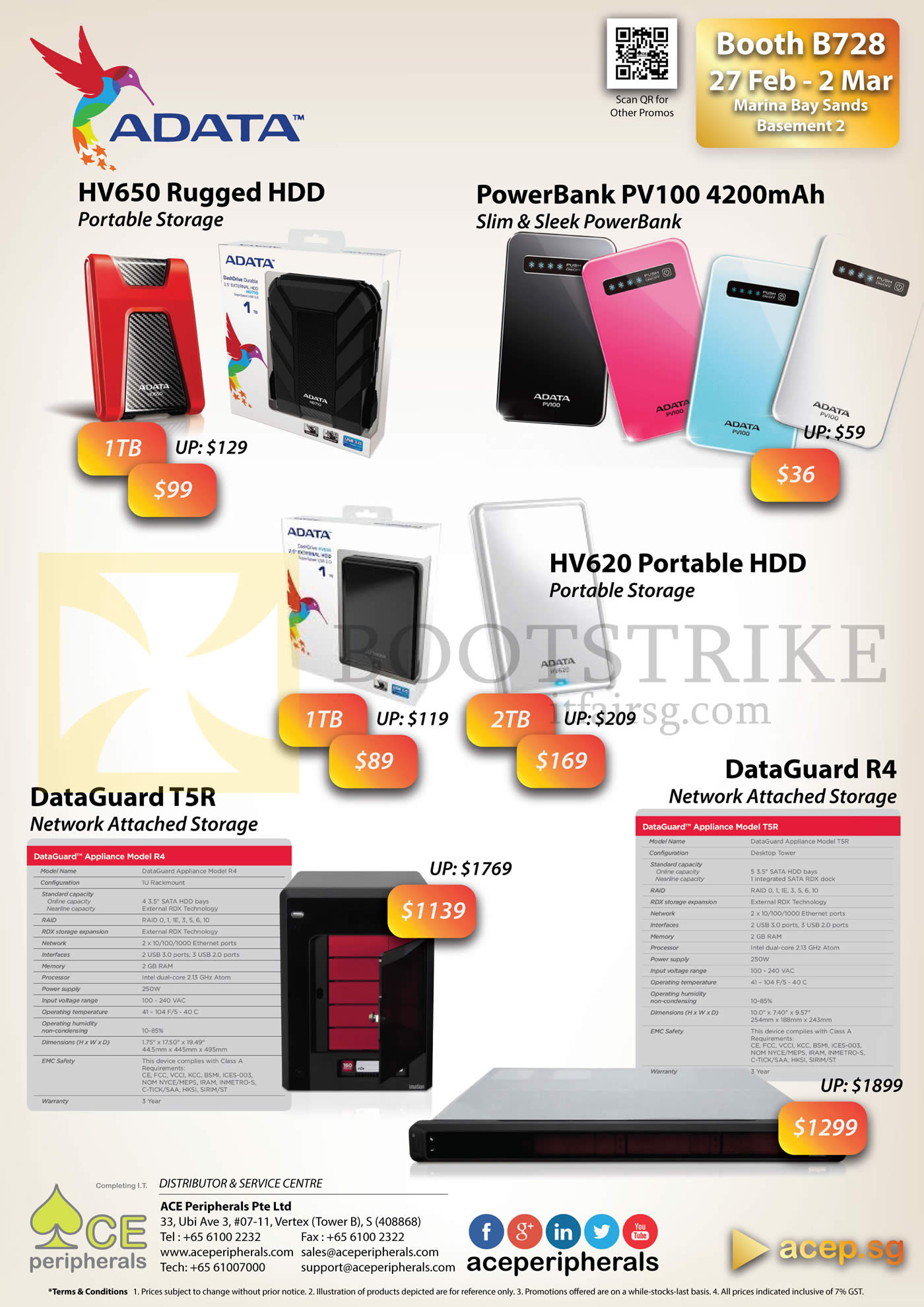 IT SHOW 2014 price list image brochure of Ace Peripherals External Storage Adata HV620 HV650 Portable HDD 1TB 2TB Powerbank PV100, DataGuard T5R NAS, R4