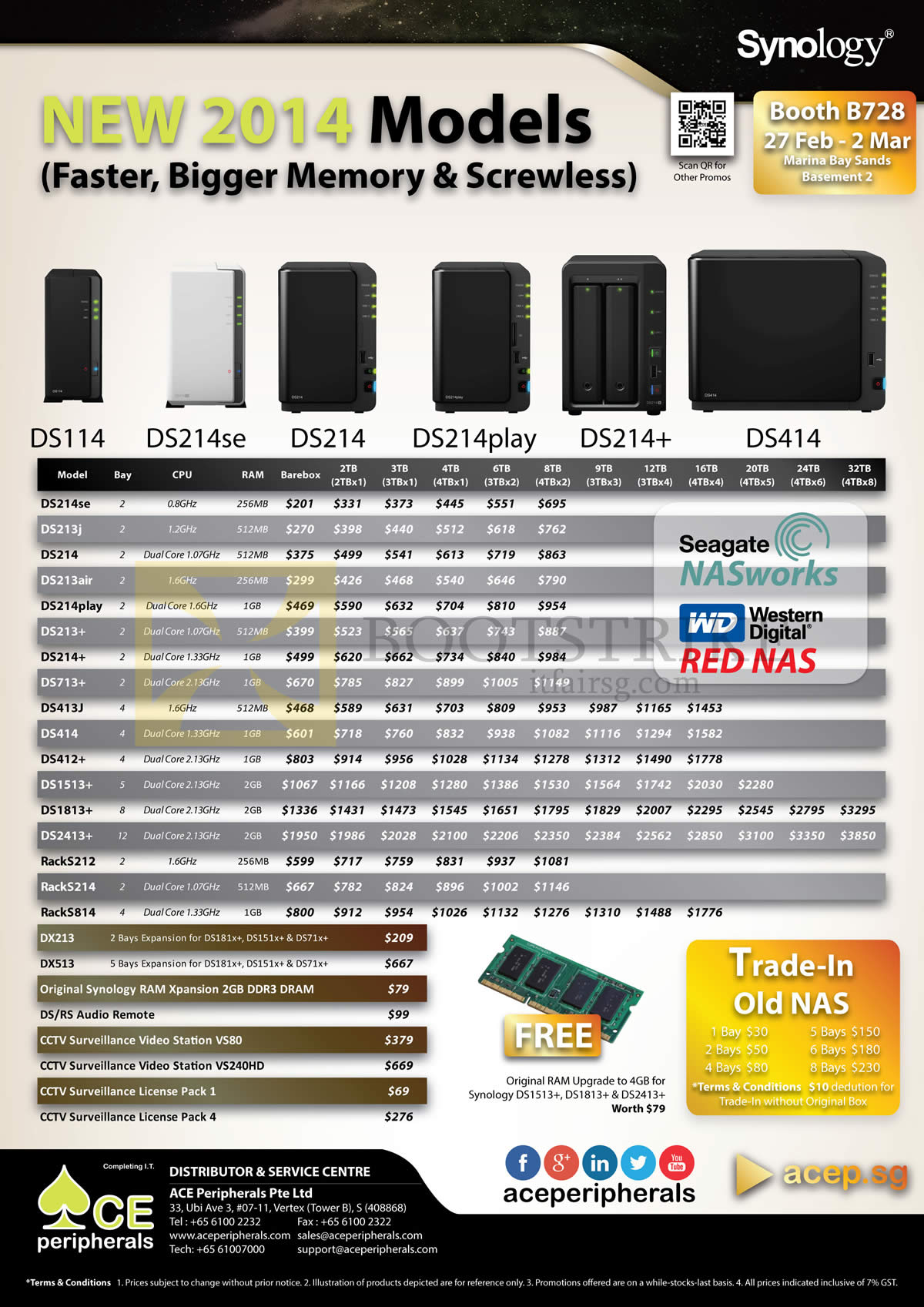 IT SHOW 2014 price list image brochure of Ace Peripherals Synology NAS DiskStation DS114, DS214se, DS414, DS214, DS214, Play DS214 Plus, Trade-in