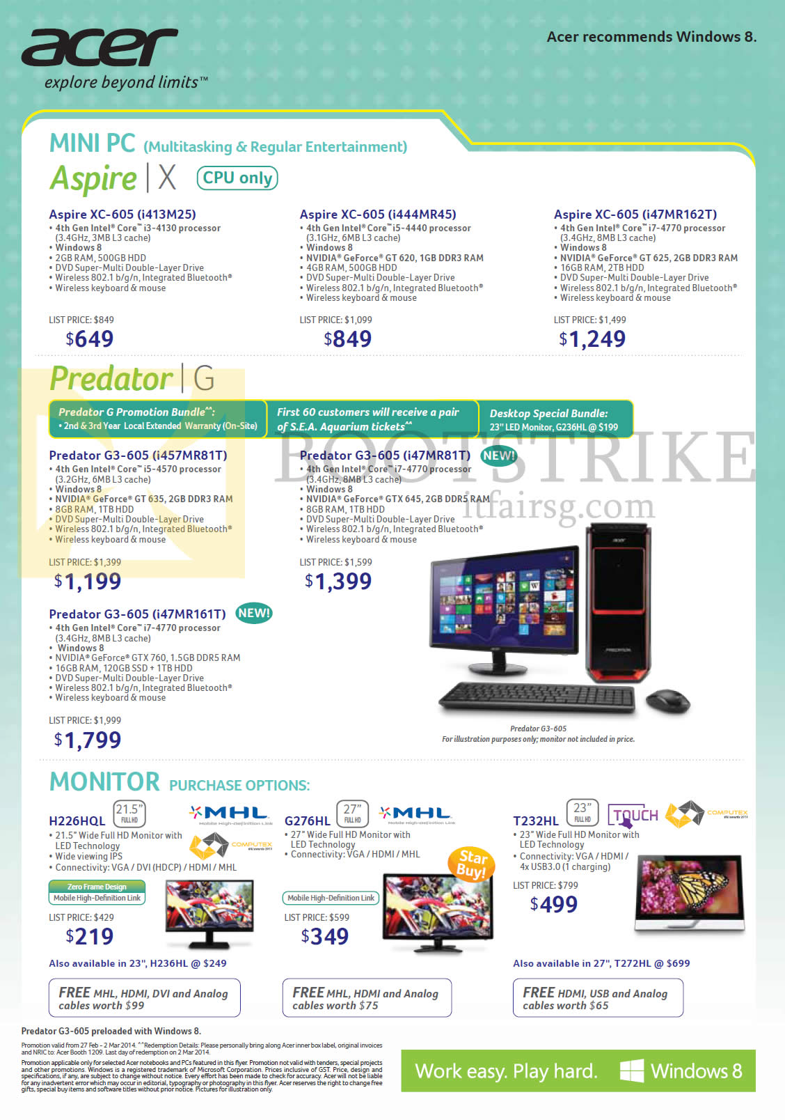 IT SHOW 2014 price list image brochure of Acer Desktop PCs, Monitors Aspire XC-605, Predator G3-605, H226HQL, G276HL, T232HL, H236HL, T272HL
