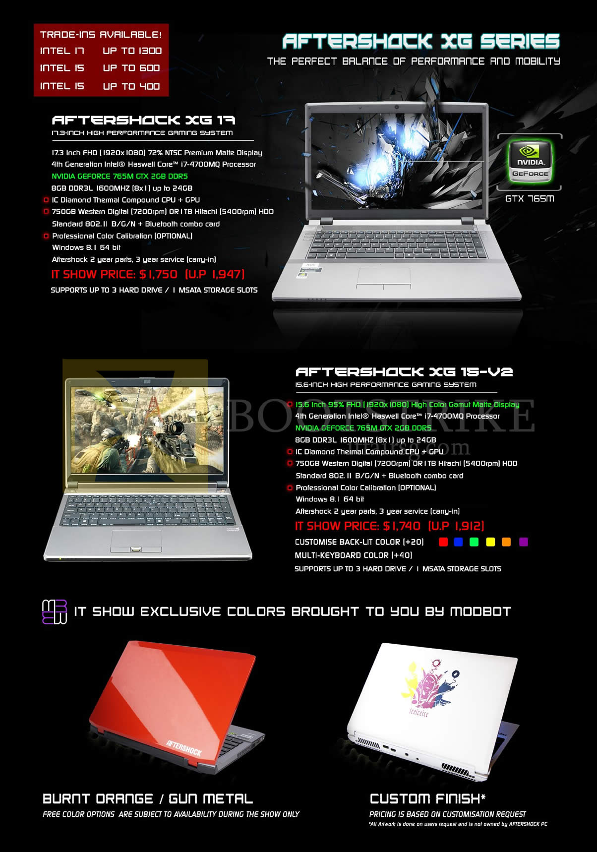IT SHOW 2014 price list image brochure of Aftershock Notebooks XG17, XG15-V2, Modbot