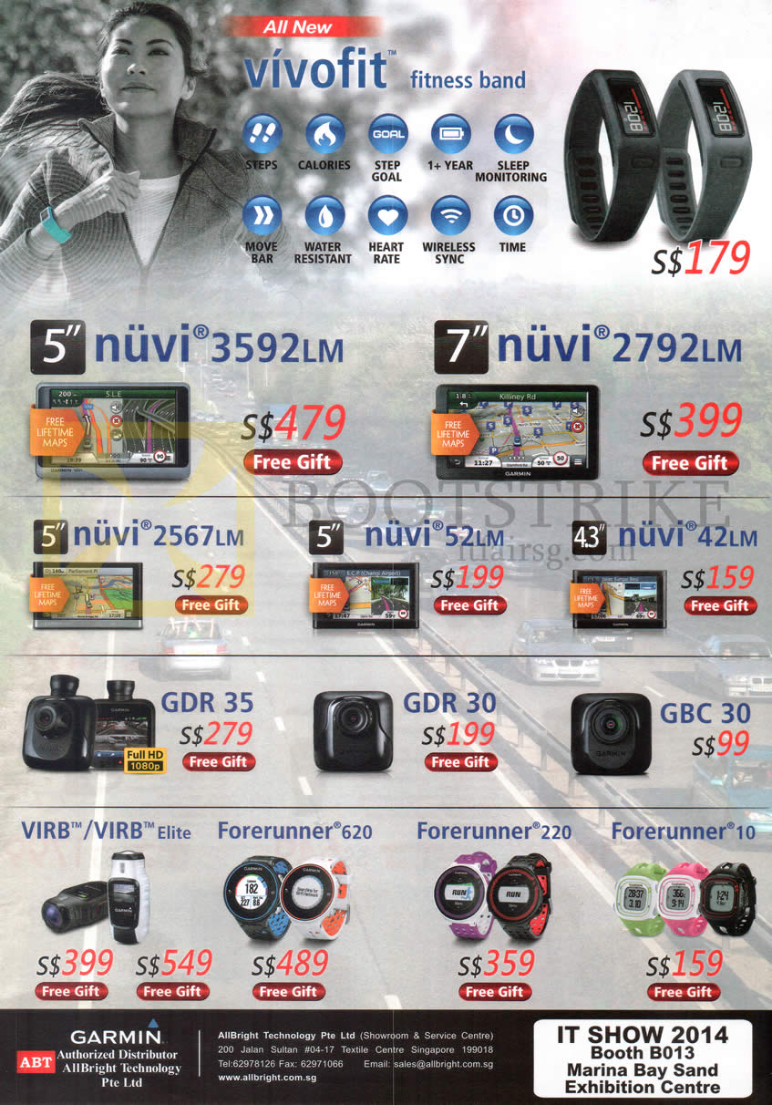IT SHOW 2014 price list image brochure of Allbright Garmin GPS Navigators Watches, Nuvi 3592LM, 2792LM, 2567LM, 52LM, 42LM, GDR 35, 30, GBC 30, Virb, Elite, Forerunner 620, 220, 10