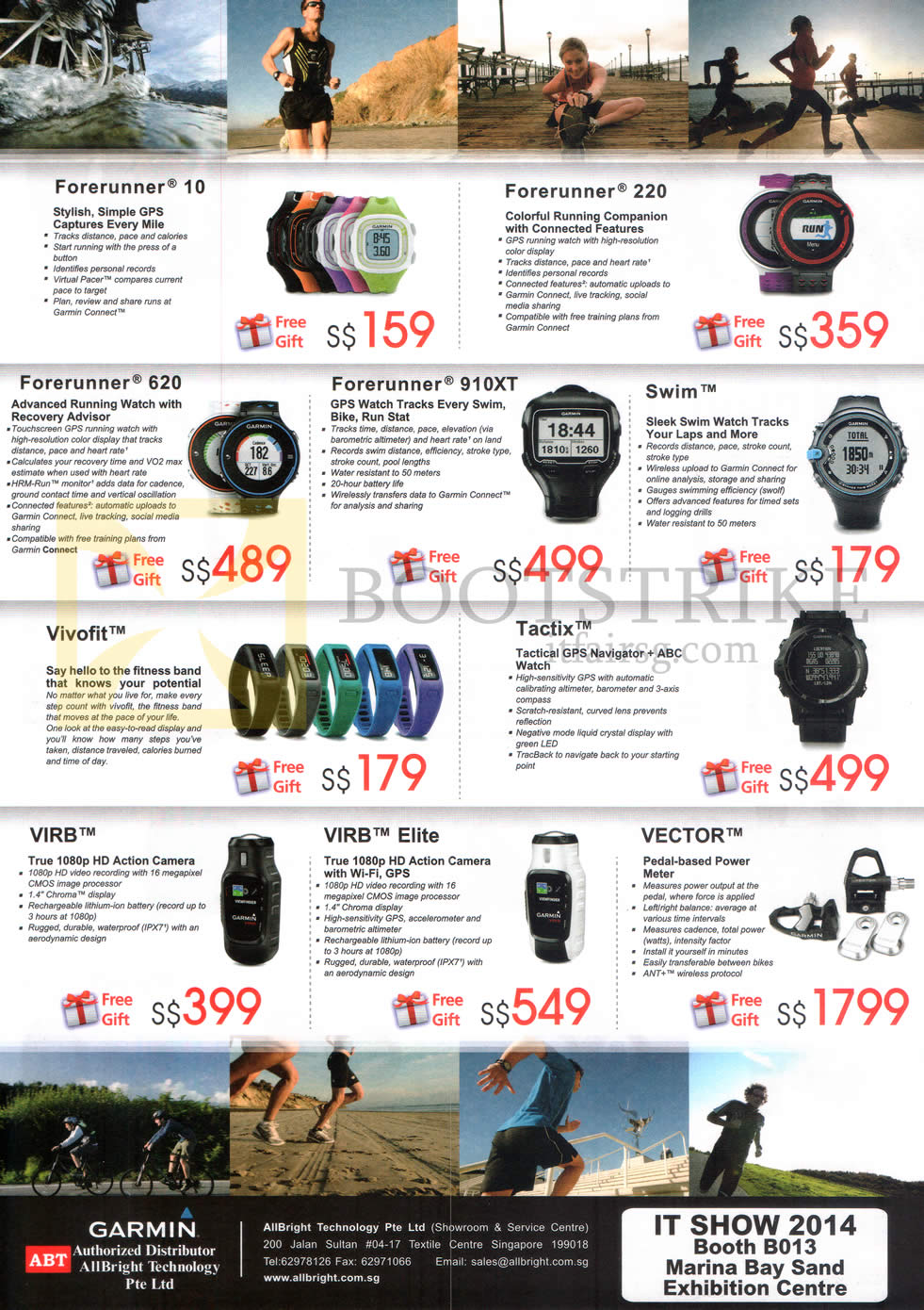 IT SHOW 2014 price list image brochure of Allbright Garmin GPS Watches Fitness Bands, Cameras, Forerunner 10, 220, 620, 910XT, Swim, Vivofit, Tactix, Virb, Elite, Vector