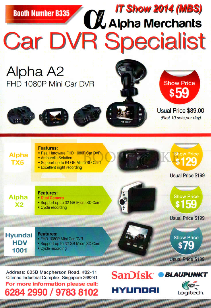 IT SHOW 2014 price list image brochure of Alpha Merchants Car DVR Recorder Specialist Alpha A2, TX5, X2, Hyundai HDV 1001