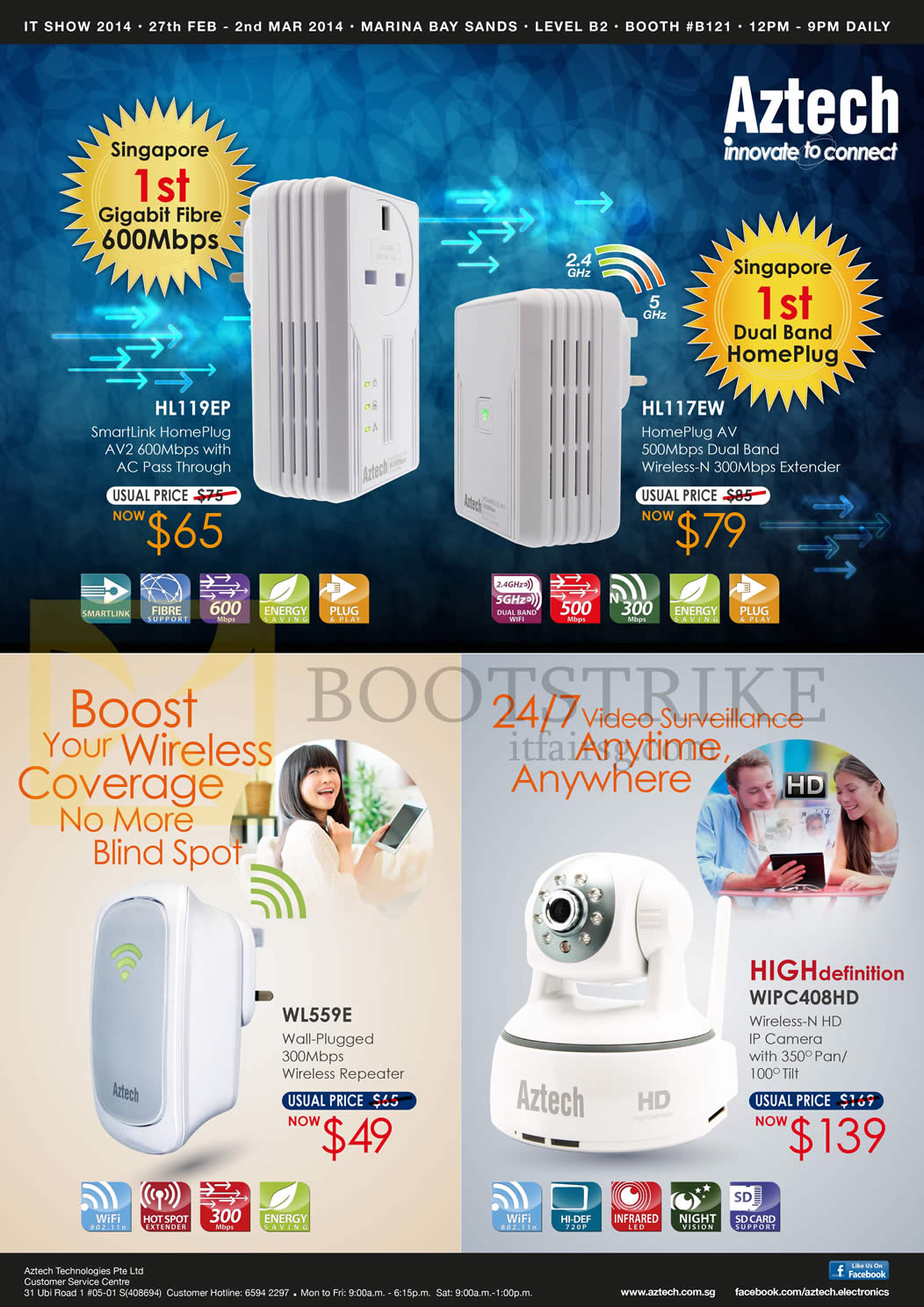 IT SHOW 2014 price list image brochure of Aztech Networking HomePlug, Wireless Extender Repeater, IPCam Video Surveillance, HL119EP, HL117Ew, WL559E, WIPC408HD