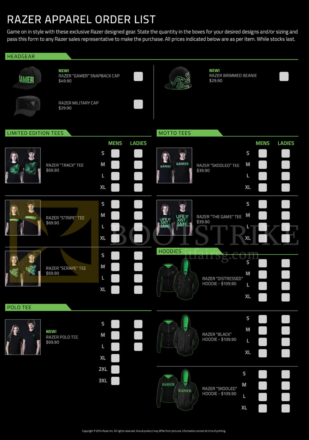IT SHOW 2014 price list image brochure of Ban Leong Razer Apparel Order List Headgear, Motto Tees, Hoodies, Polo Tee