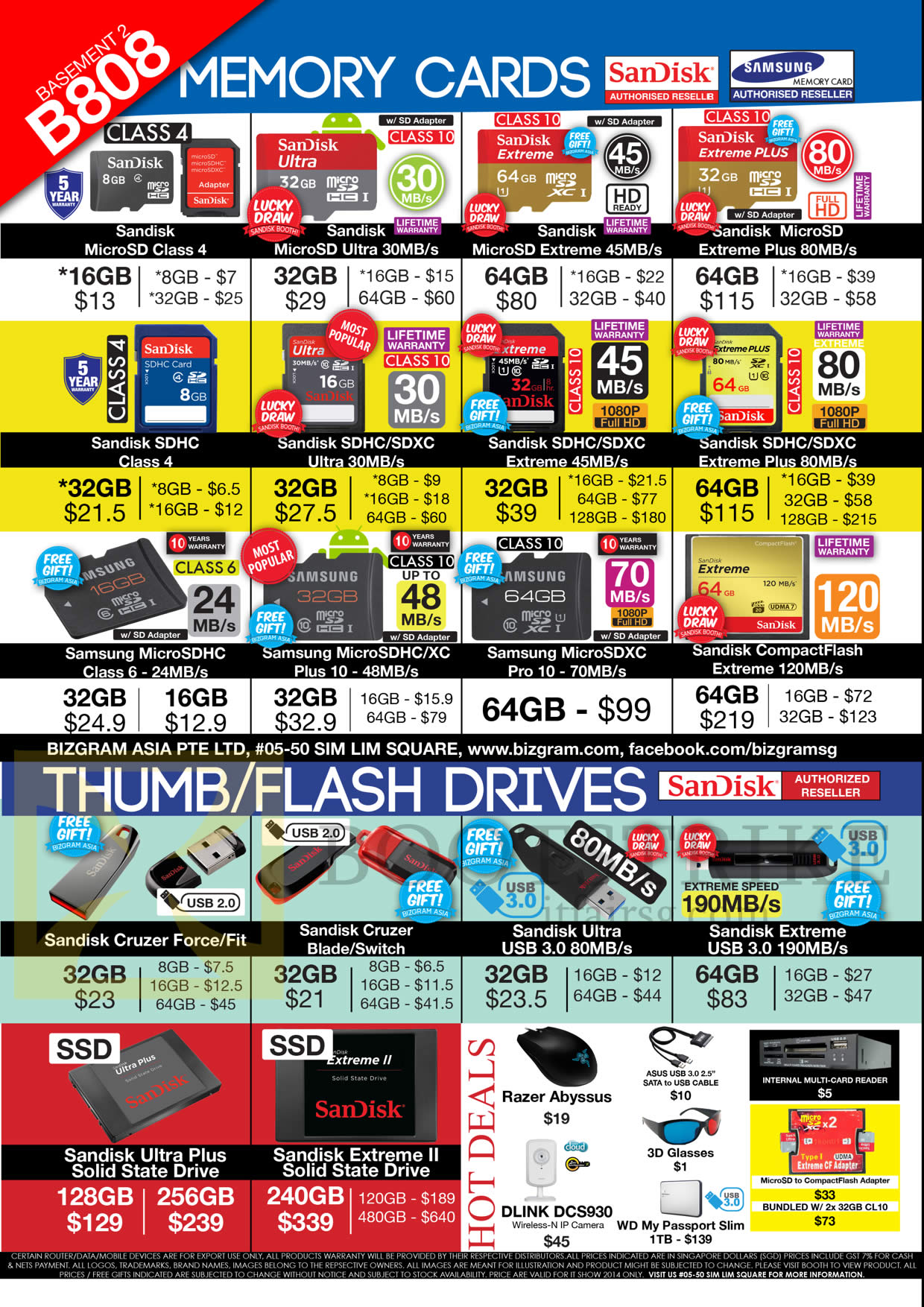 IT SHOW 2014 price list image brochure of Bizgram Memory Cards MicroSD SDHC, Flash Drives Sandisk Cruzer Force Fit Blade Switch Ultra Extreme, Samsung, SSD Ultra Plus