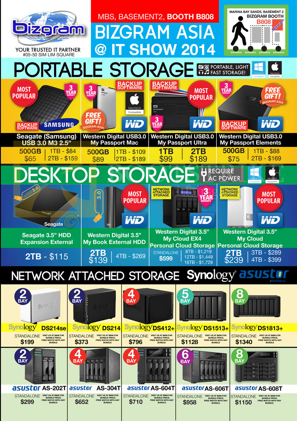 IT SHOW 2014 price list image brochure of Bizgram Portable External Storage Drive HDD, Desktop HDD, NAS, Seagate, Western Digital, Synology, Asustor, Samsung, WD