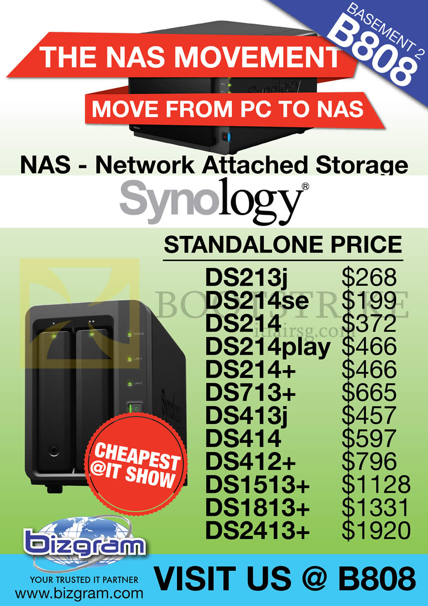 IT SHOW 2014 price list image brochure of Bizgram Synology NAS Storage DS213J, 214se, 214, 214Play, 214plus, 713plus, 413J, 414, 412plus, 1513plus, 1813plus, 2413plus