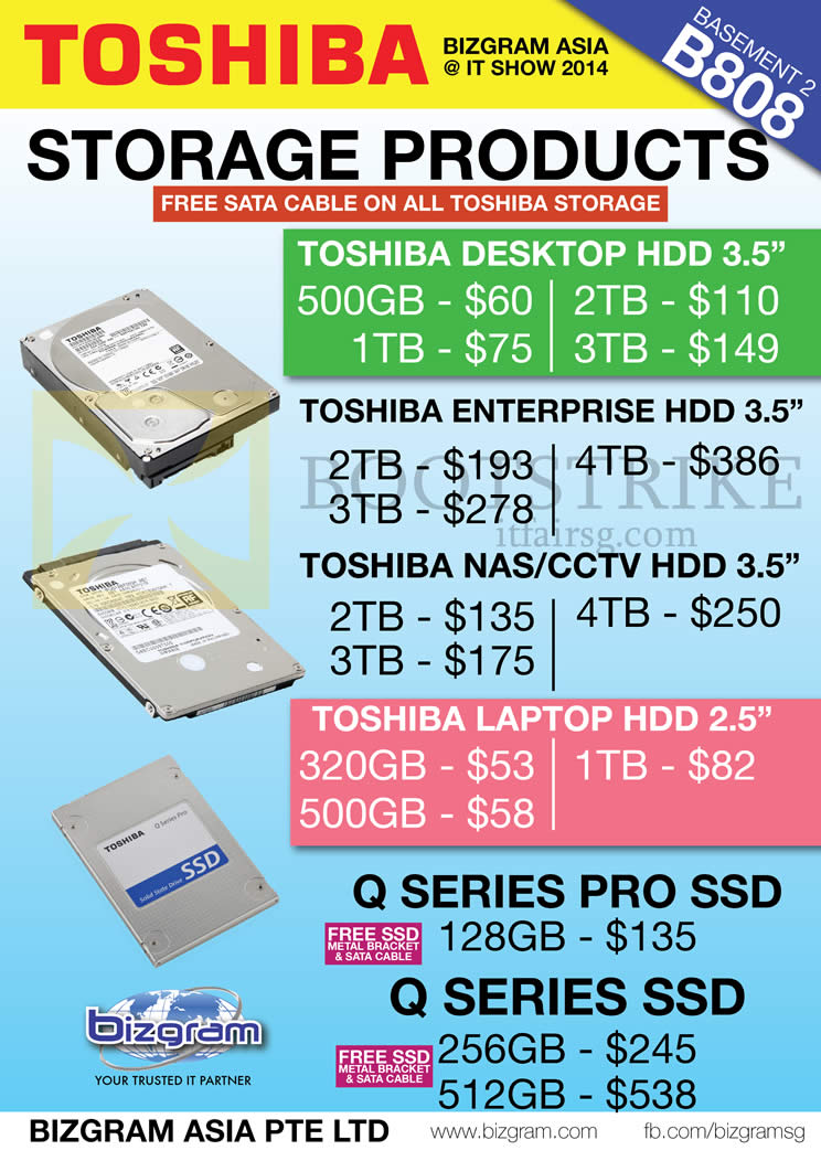 IT SHOW 2014 price list image brochure of Bizgram Toshiba Storage SSD Desktop HDD HardDisk, Enterprise, NAS, CCTV HDD, Laptop HDD, Q Series Pro