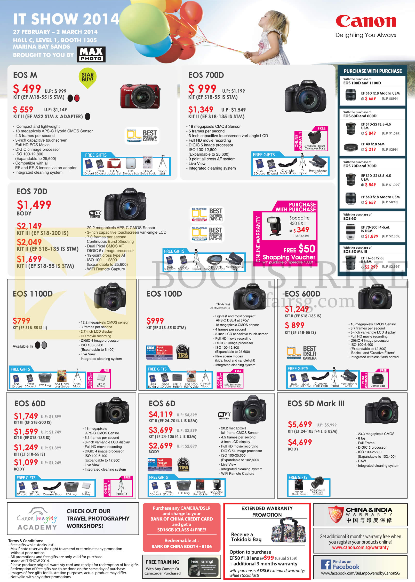 IT SHOW 2014 price list image brochure of Canon DSLR Digital Cameras EOS M, 700D, 70D, 1100D, 100D, 600D, 60D, 6D, 5D Mark III