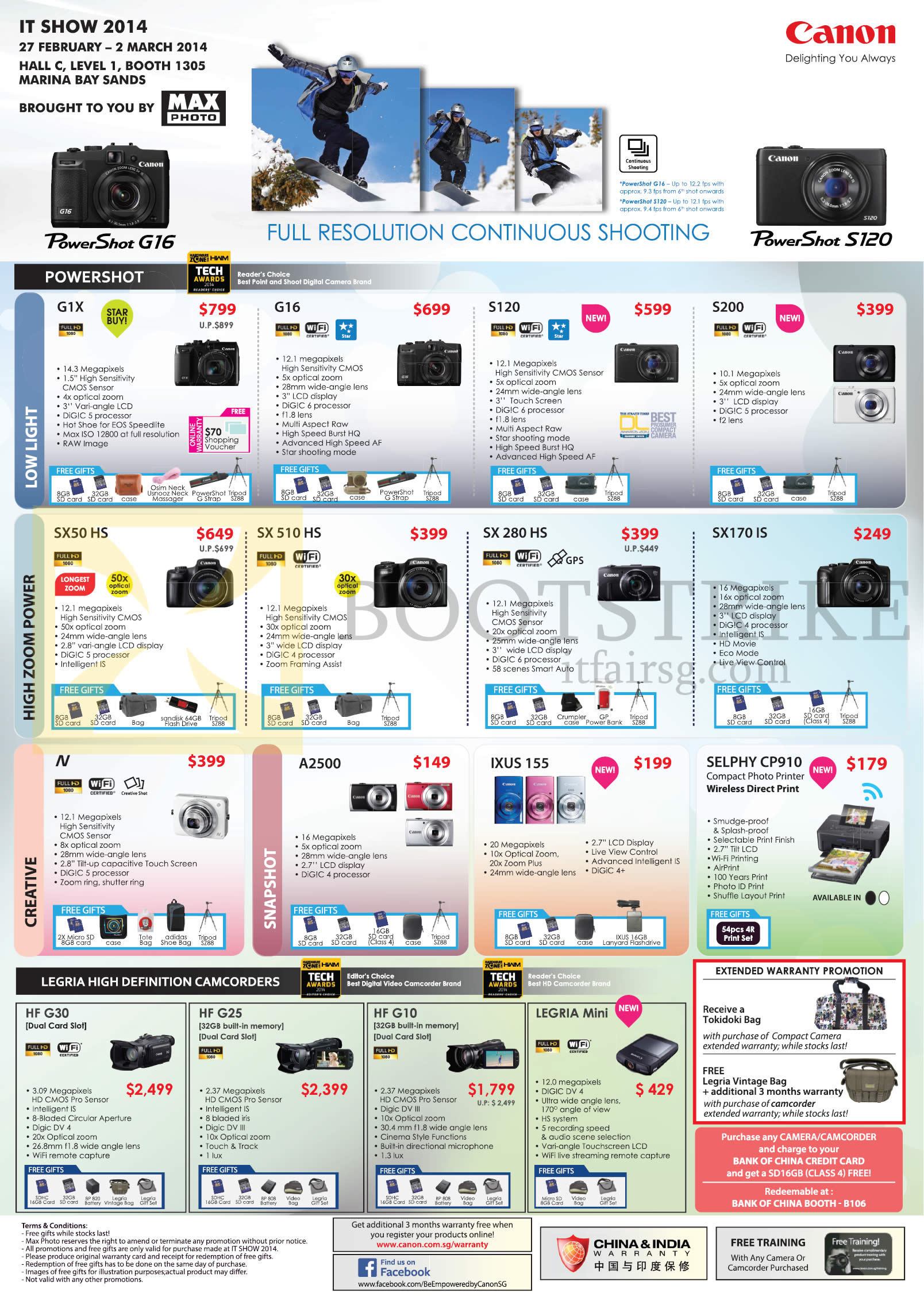 IT SHOW 2014 price list image brochure of Canon Digital Cameras, Camcorders Powershot G1X, G16, S120, S200, SX50HS, SX 510 HS, SX 280 HS, SX 170 IS, N, A2500, Ixus 155, Selphy CP190, HF G30, HF G 25, HF G10, Legria Mini