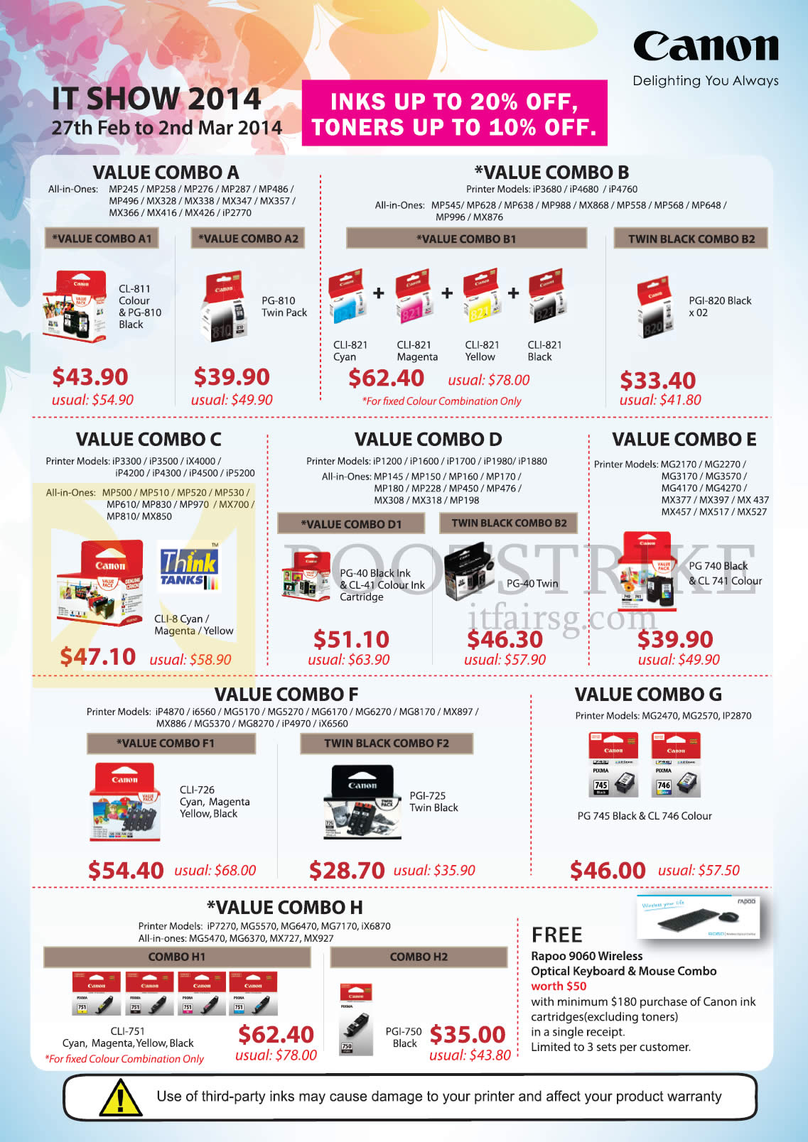 IT SHOW 2014 price list image brochure of Canon Ink, Toners Value Combos