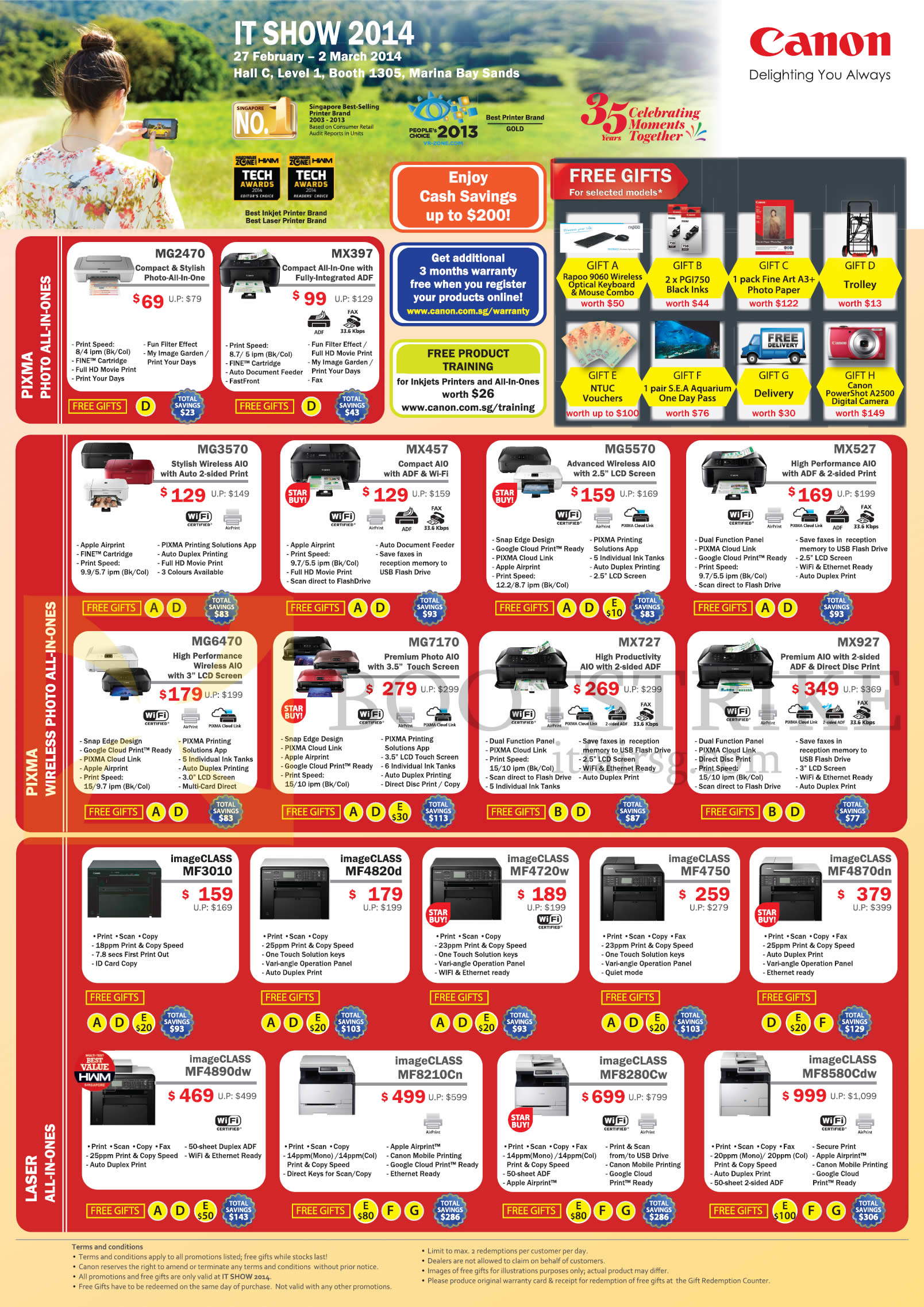 IT SHOW 2014 price list image brochure of Canon Printers Inkjet MG2470, MX397, MG3570, MX457, MG5570, MX527, MG6470, MG7170, MX727, MX927, ImageCLASS Laser MF3010, MF4820D, MF4720W, MF8210cn, MF8280cw, MF8580Cdw