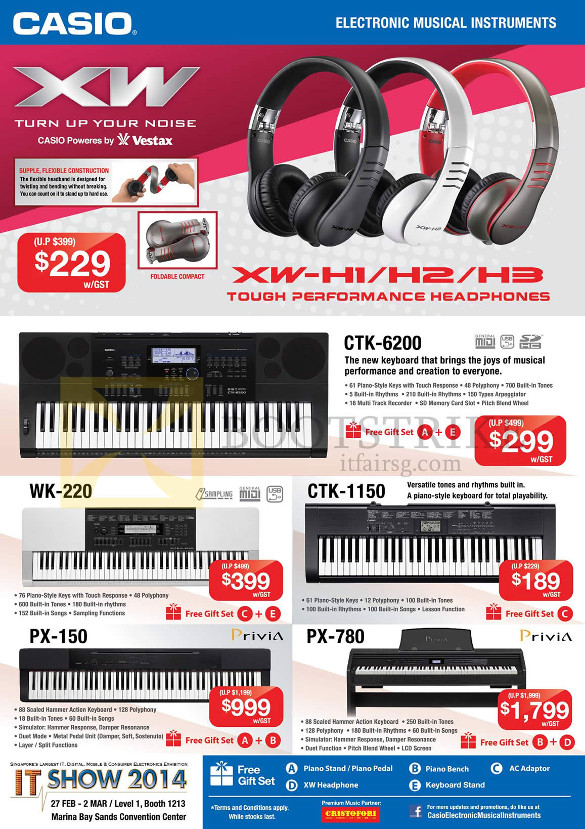 IT SHOW 2014 price list image brochure of Casio Music Headphones XW-H1 H2 H3, Keyboard CTK-6200, WK-220, CTK-1150, PX-150, PX-780
