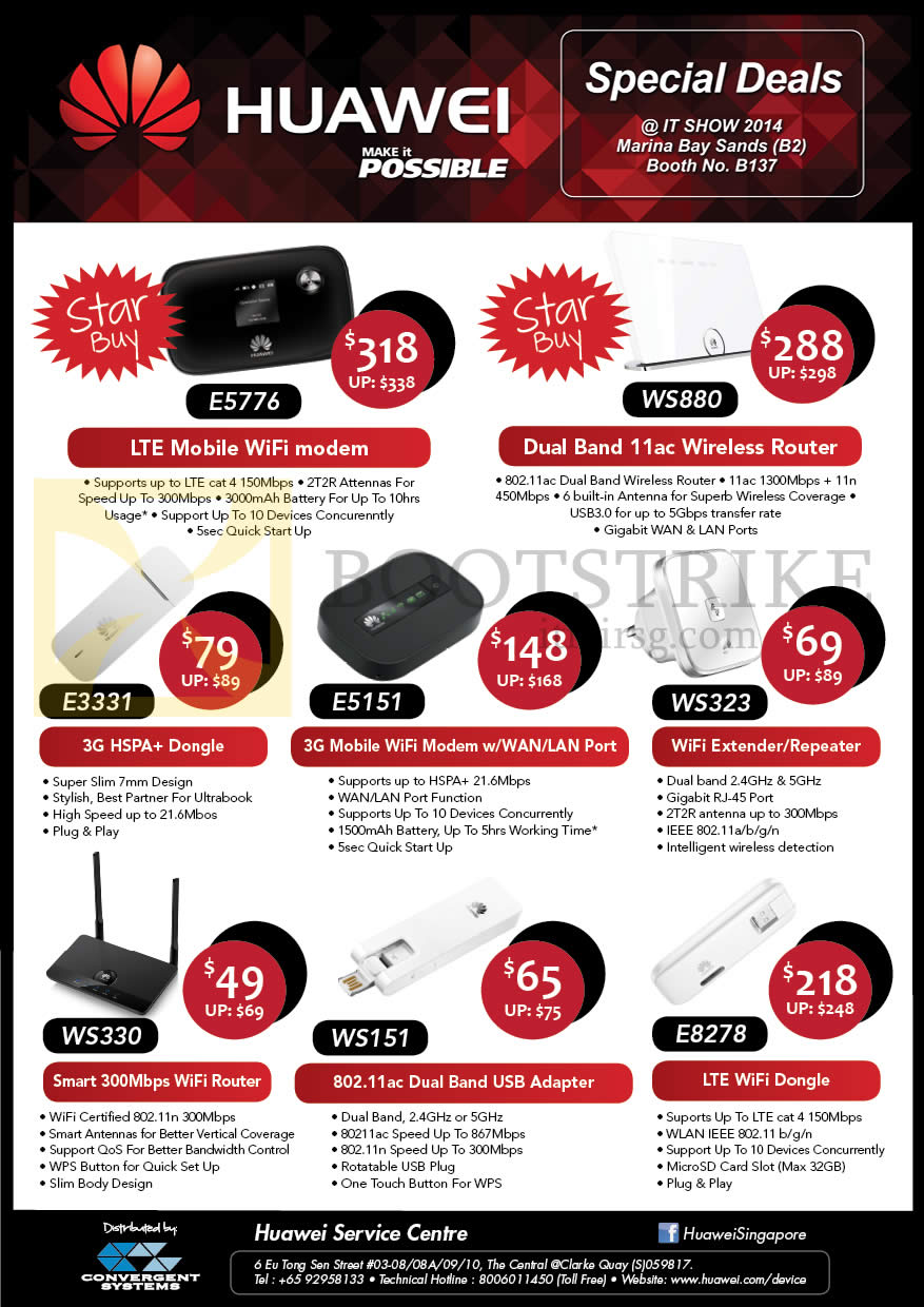 IT SHOW 2014 price list image brochure of Convergent Huawei Networking Modem, Router, Adapter E5576, WS880, E3331, E5151, WS323, WS330, WS151, E8278, Dongle