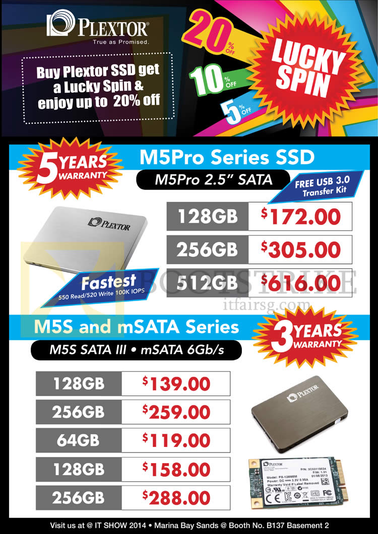 IT SHOW 2014 price list image brochure of Convergent Plextor SSD M5Pro 128GB 256GB 512GB, M5S MSata 64GB