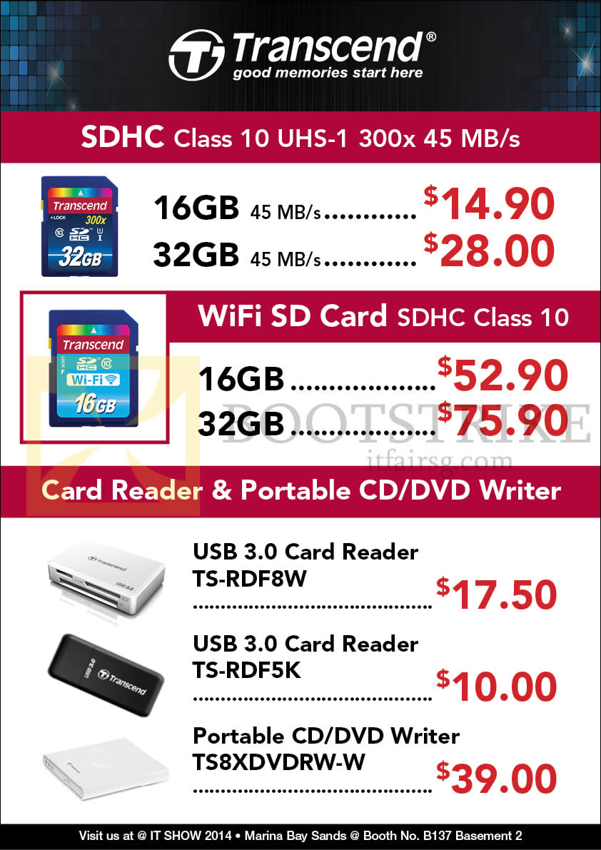 IT SHOW 2014 price list image brochure of Convergent Transcend SDHC CL10 UHS1, Card Reader, External Optical Drive DVD Writer