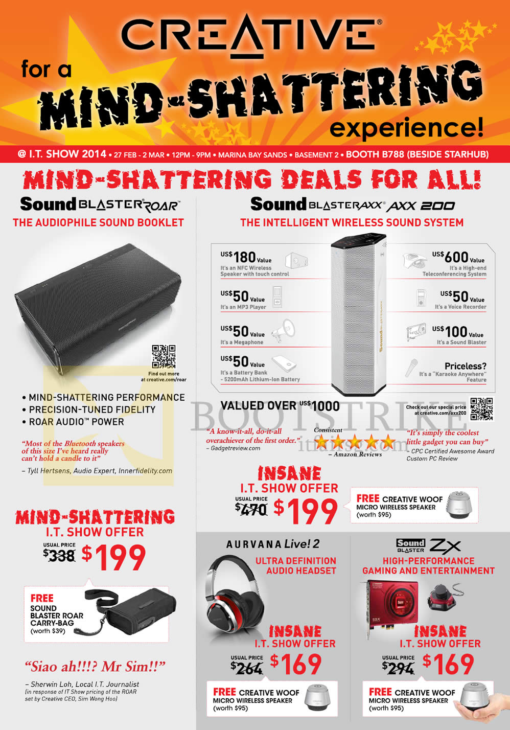 IT SHOW 2014 price list image brochure of Creative Deals Sound Blaster Roar, Axx 200 Wireless Sound System, Aurvana Live 2 Headset, Sound Blaster ZX