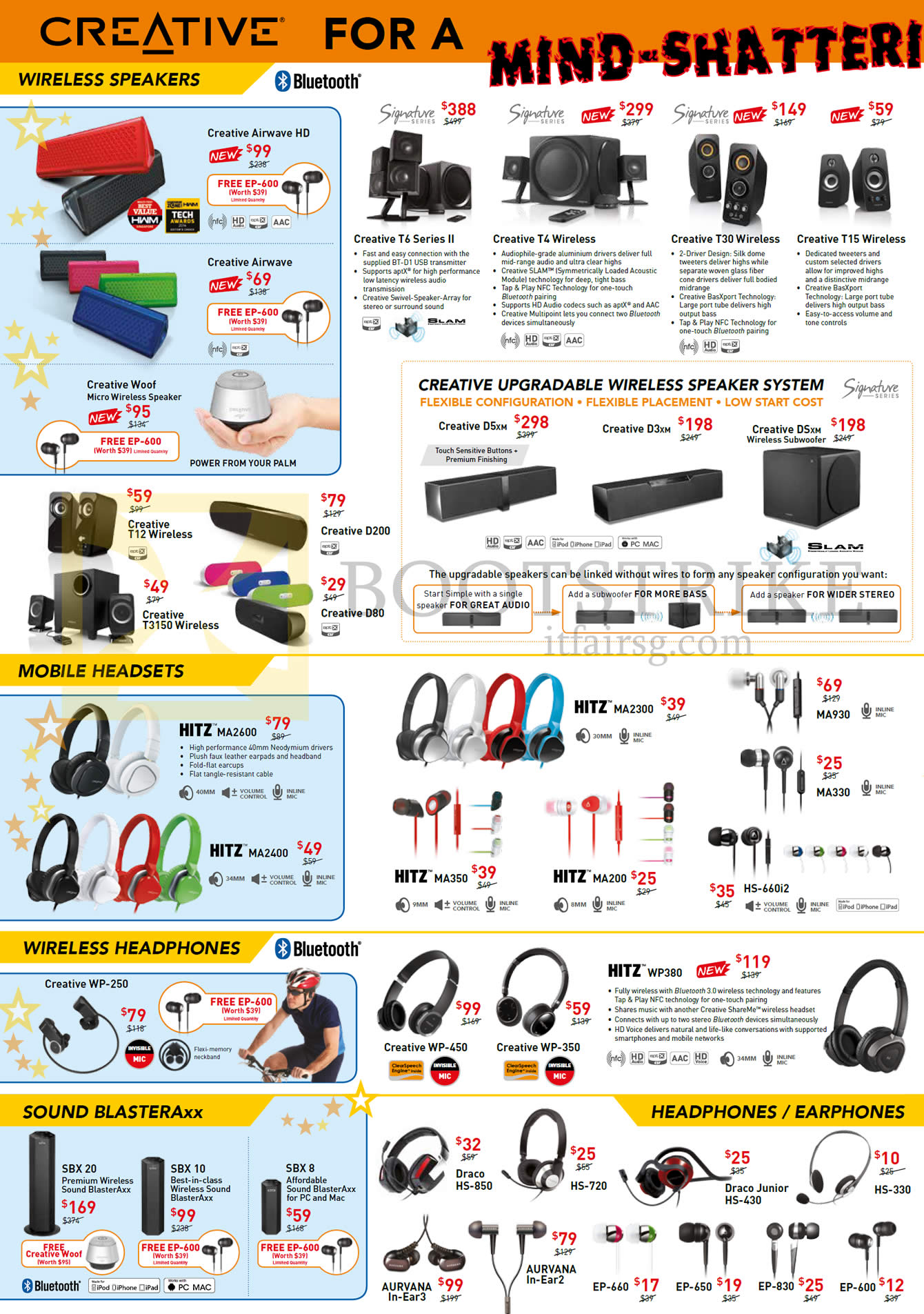 IT SHOW 2014 price list image brochure of Creative Speakers Wireless, Mobile Headsets, Headphones, Axx, Sound Blaster, Draco Aurvana Hitz Signature Airwave Woof