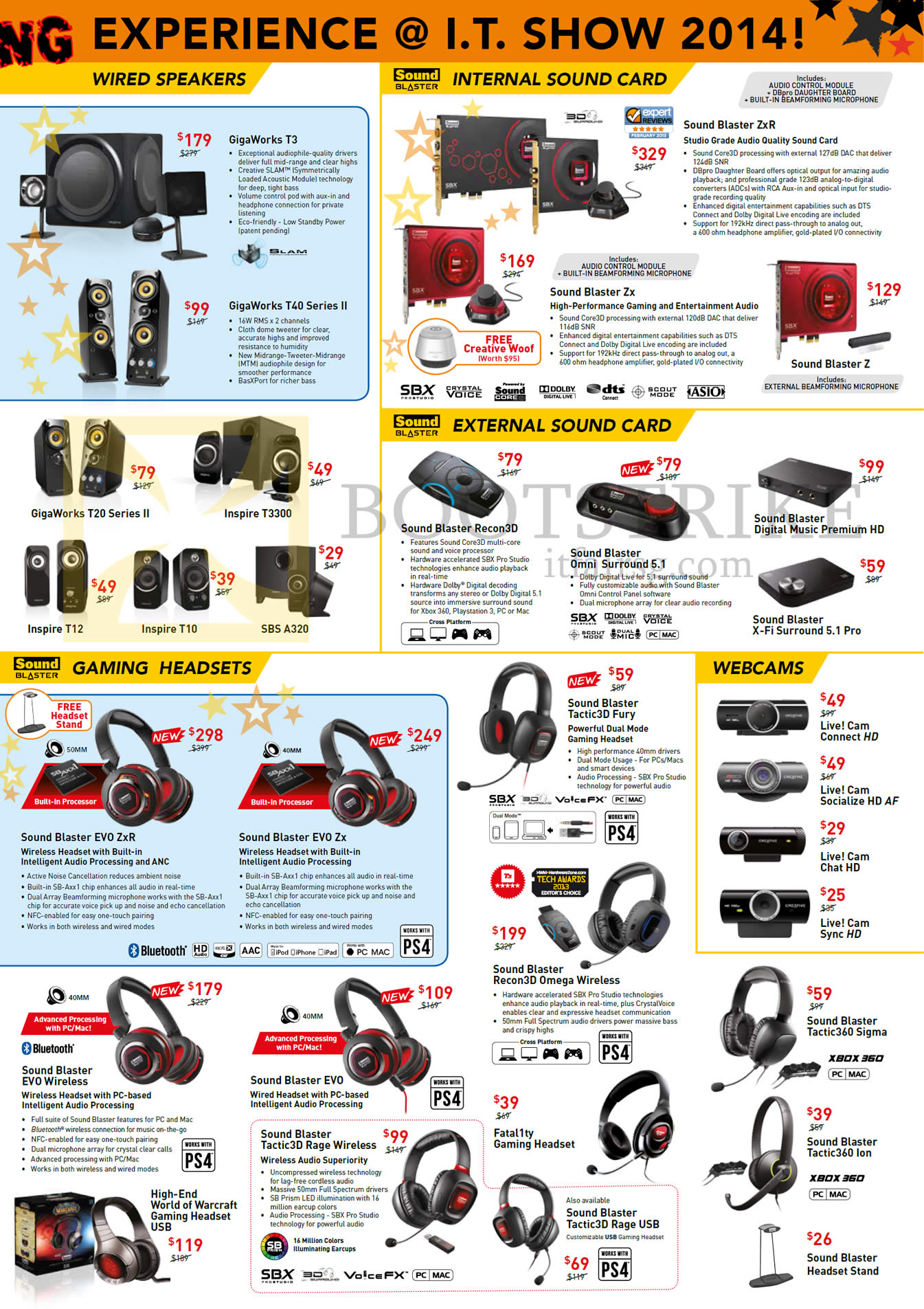 IT SHOW 2014 price list image brochure of Creative Speakers, Internal Sound Card, External Sound Card, Headsets, Webcam, Evo Tactic3D Fatal1ty Omni Zxr Sound Blaster GigaWorks Inspire SBS