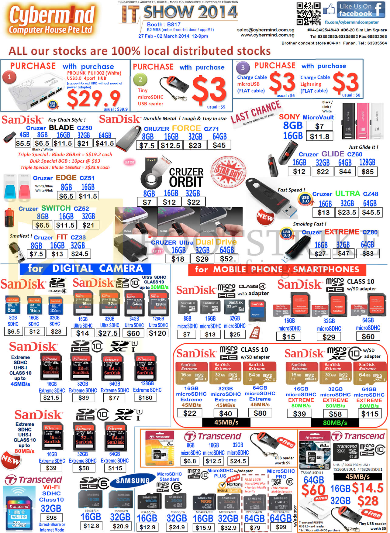 IT SHOW 2014 price list image brochure of Cybermind USB Flash Drives, Memory Cards, Sandisk Blade Force Cruzer Orbit Switch Edge Fit Ultra Extreme Ultra Glide, Sony Micro Vault, Transcend, MicroSD SDHC