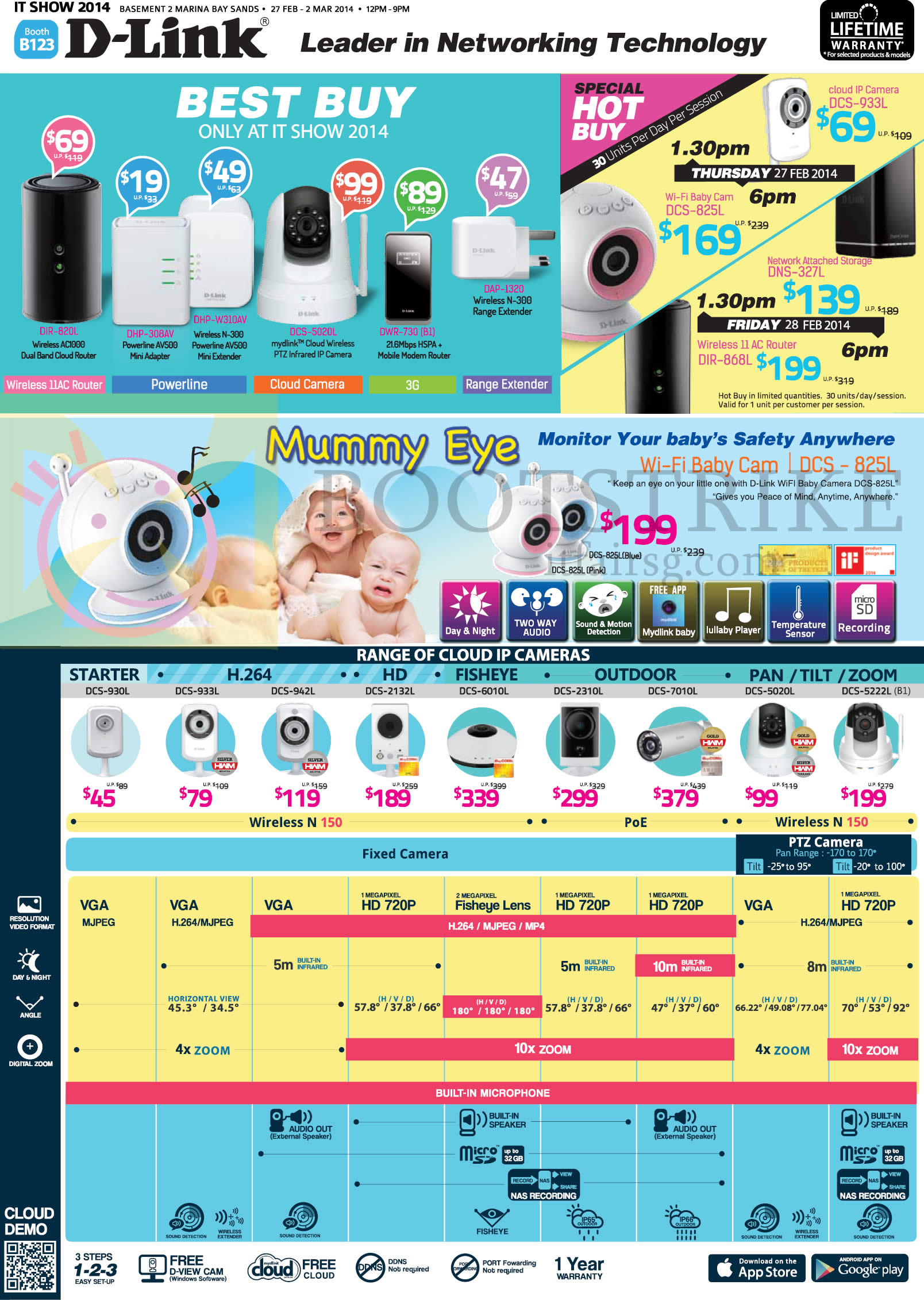IT SHOW 2014 price list image brochure of D-Link Networking Cloud Cameras DCS-942L, 2132L, 6010L, 2310L, 7010L, 5020L, 5222L