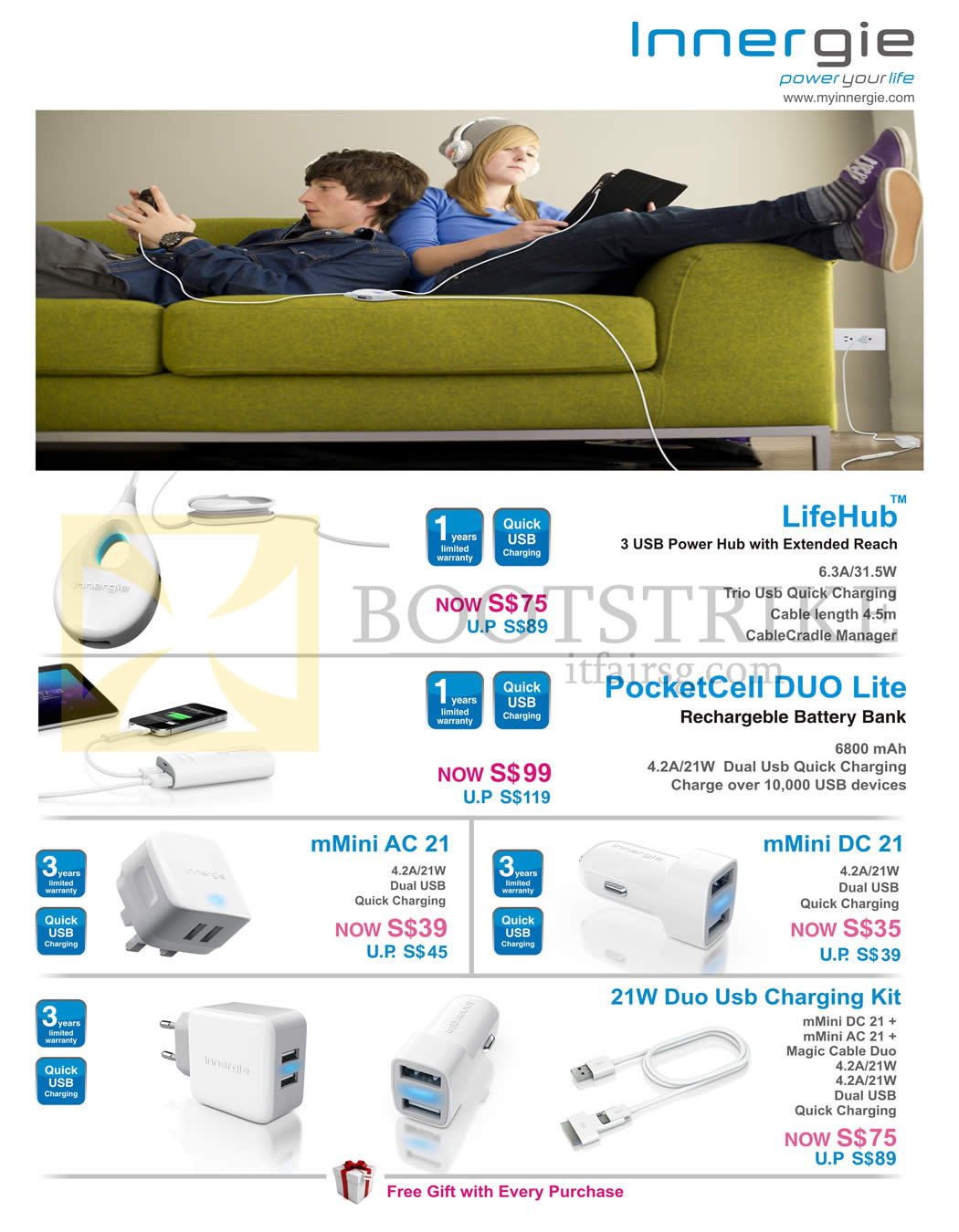 IT SHOW 2014 price list image brochure of EpiCentre Innergie LifeHub USB Hub, PocketCell Duo Lite Power Bank, MMini AC, DC, 21W Duo USB Charging Kit