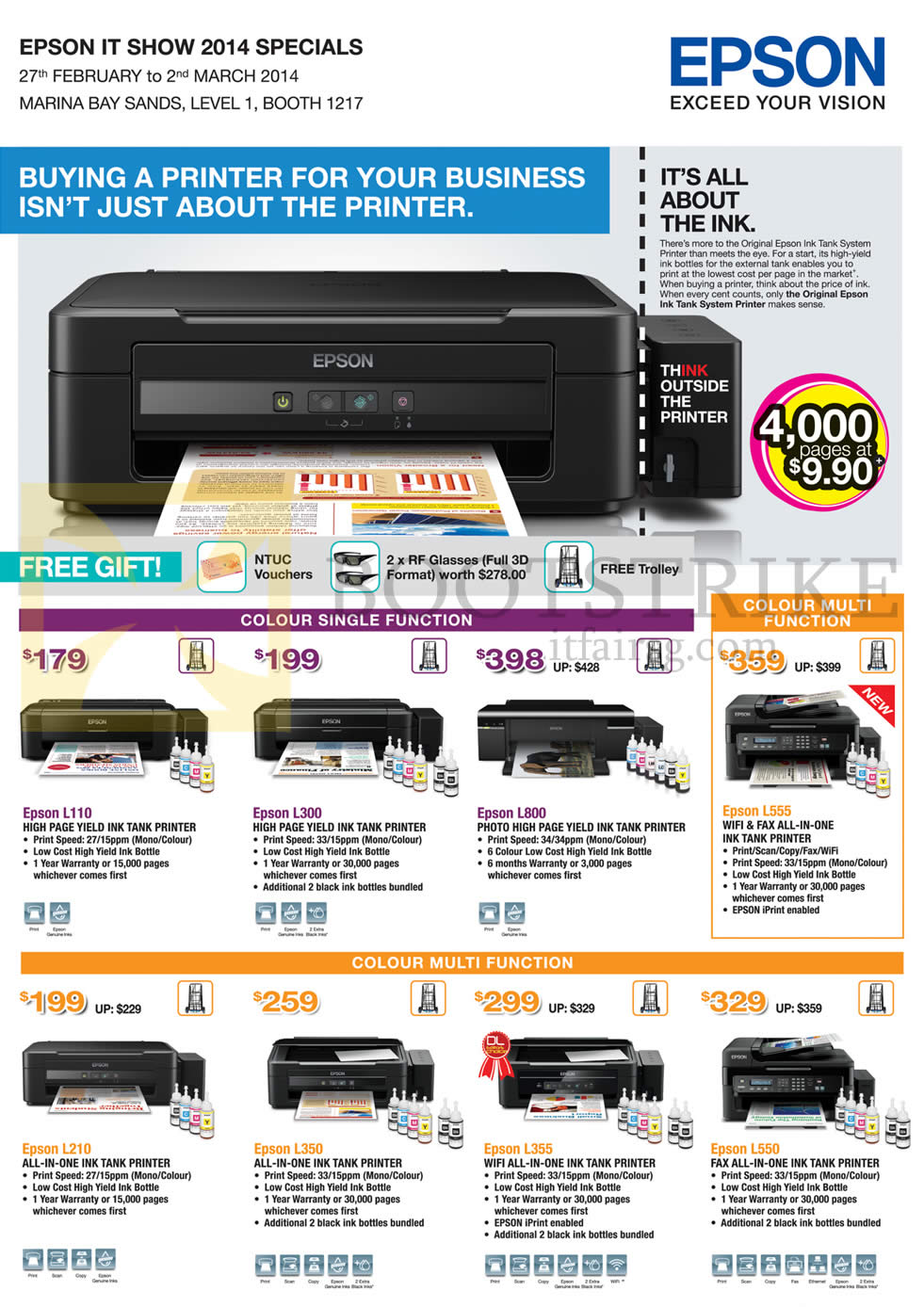 IT SHOW 2014 price list image brochure of Epson Printers Inkjet L110, L300, L800, L555, L210, L350, L355, L550